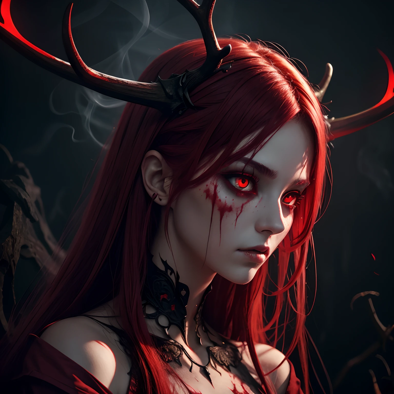 dark, unholy, evil, astral, creepy style, undead, rotting skin, mystical, nice perfect face with soft skin, young beautiful girl portrait on fire, red smoke, mist, night, red clothes long red hair, antlers glowing red eyes, from side, light red glow, void
