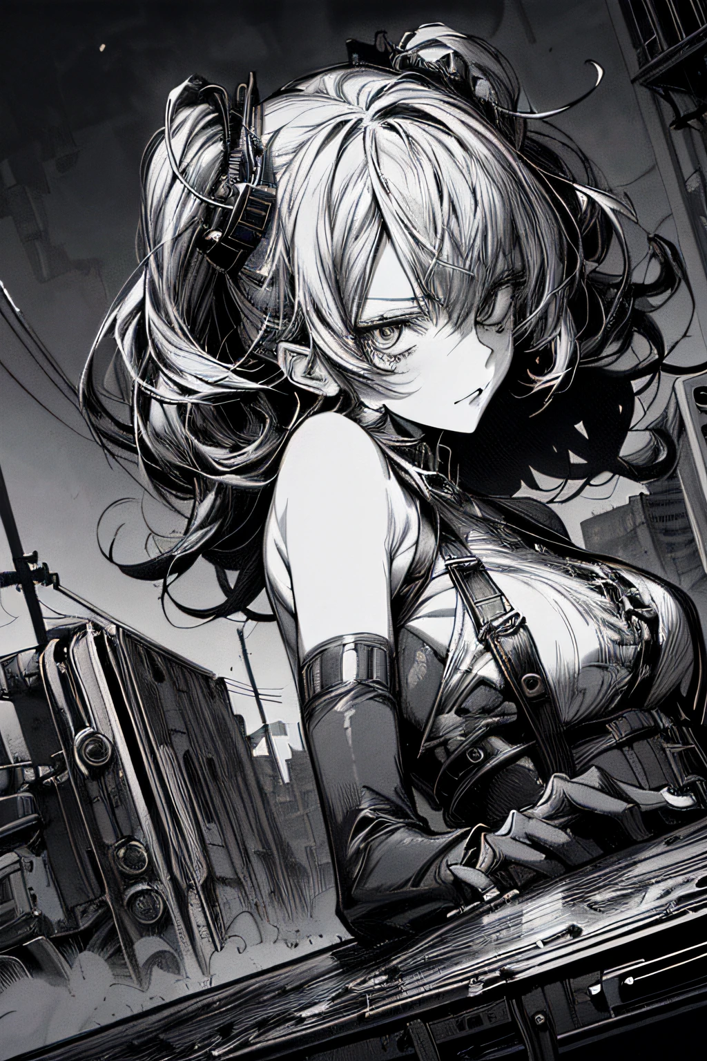 (Comic Noir Style),(linear art_Anime),(black-and-white_High contrast),(masutepiece, Best Quality, ),(Laura Bad Picture:1.2),(Lora Add Details:1.2),8K, Flat color:1.2,1girl in,Chibi,steampunc、machinery background