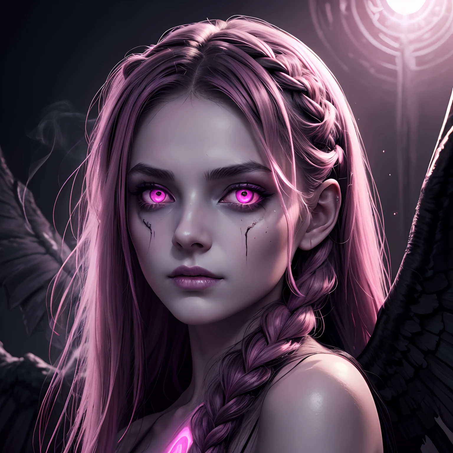dark, unholy, evil, astral, creepy style, undead, rotting skin, mystical, nice perfect face with soft skin, young beautiful girl portrait on a tall buuilding, smoke, mist, night, long braided hair, wings, glowing pink eyes, from side, light pink glow, void