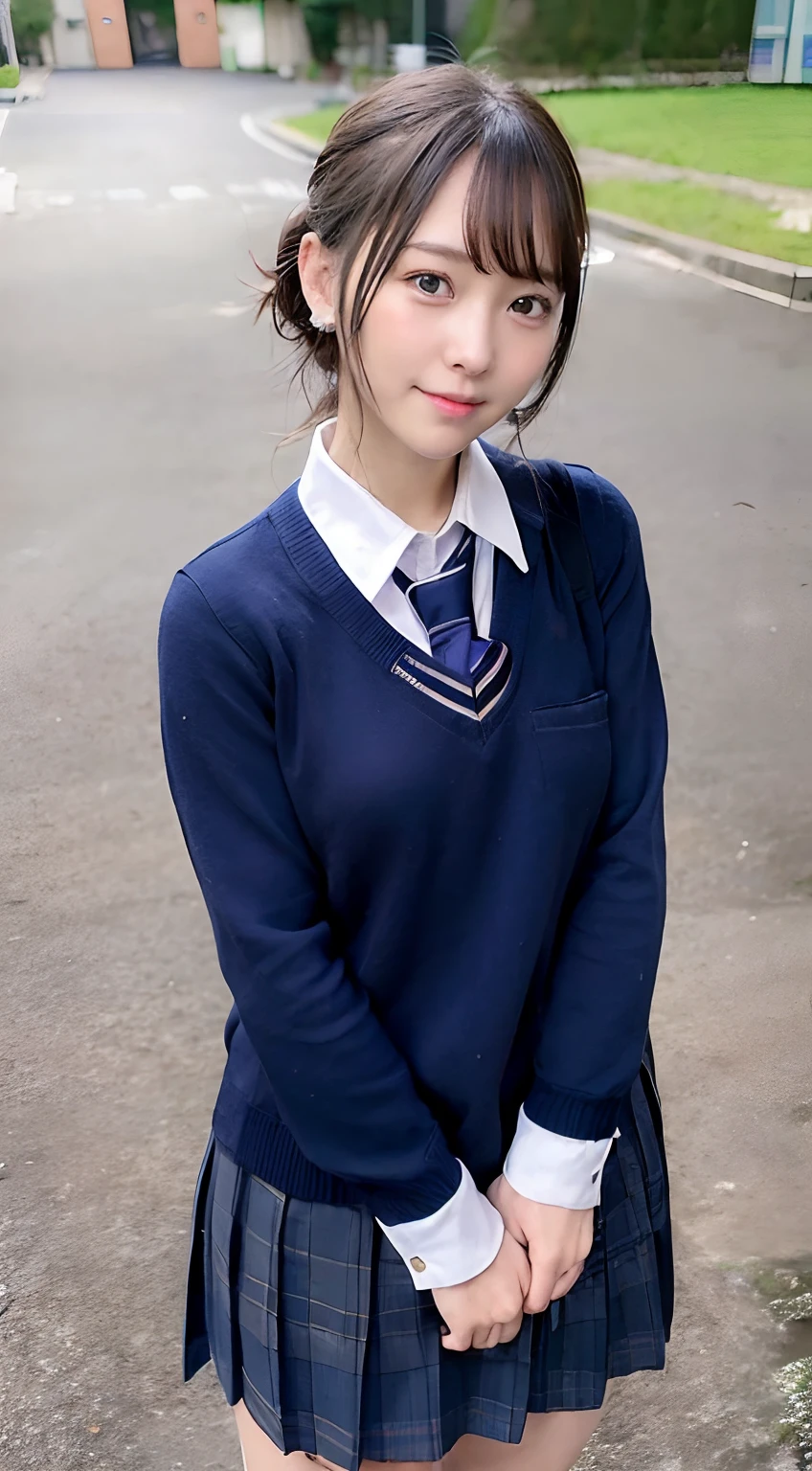 (school uniform:1.5), (photorealistic:1.4), (best quality:1.0), (ultra highres:1.0), 8k, RAW photo, (masterpiece:0.2), ultra-detailed, close short, 1girl, beautiful skin, detailed skin, looking at viewer, full body, (short hair:1), smile, (closed mouth:1)