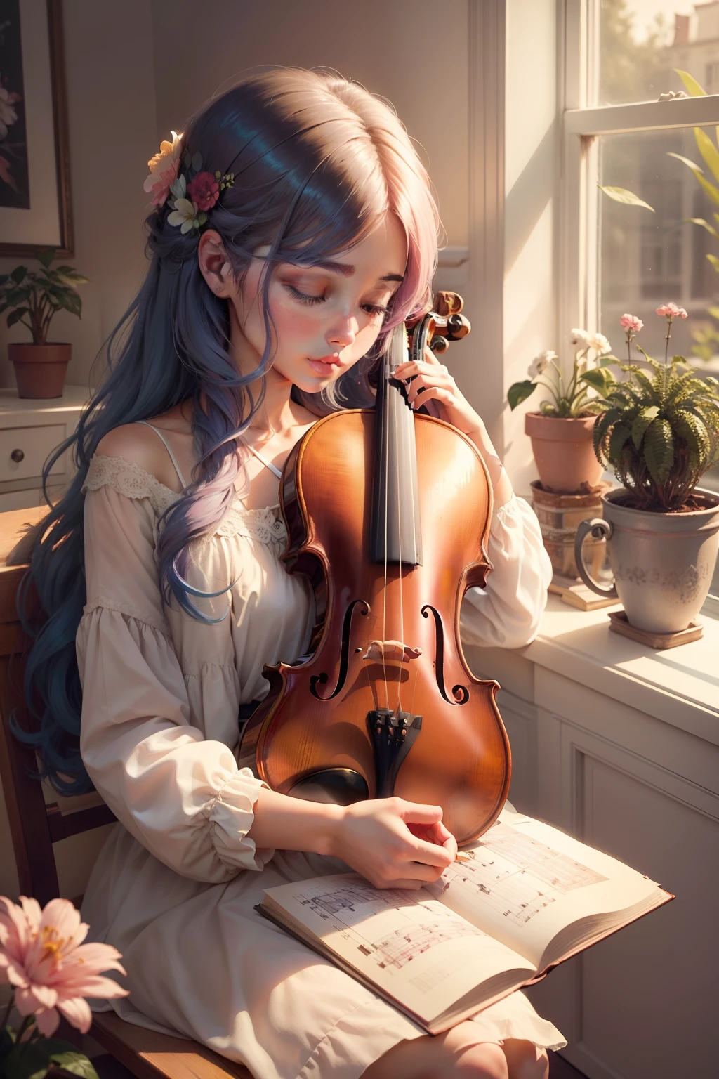 composer The artists Play the violin girl with Hair long Lashes colourfull Active pop music Music Artistically art by colourfull natural soft light elegent Beautiful houseplant Flowers in the room Piece of art