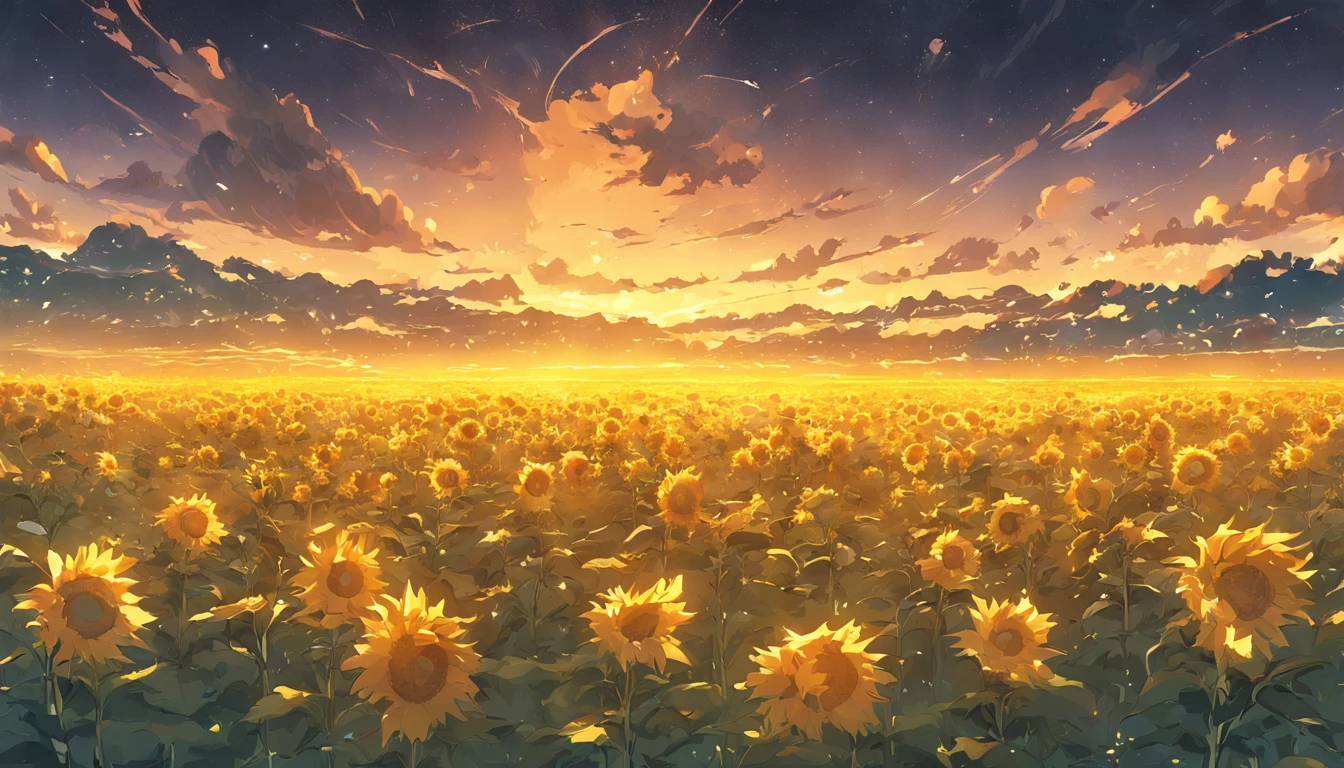 ((Midsummer Dusk)),sunflowers fields、twlight,Green Flash,landscapes,(Best Impact:1.5), (maximalism:1.7),Vivid contrast, (Realistic), hyperrealistic illustrations, hight resolution, ultra-detailliert, absurderes,(Fractal Art:1.3),Retro、Precise focus、cinema4d、Drama