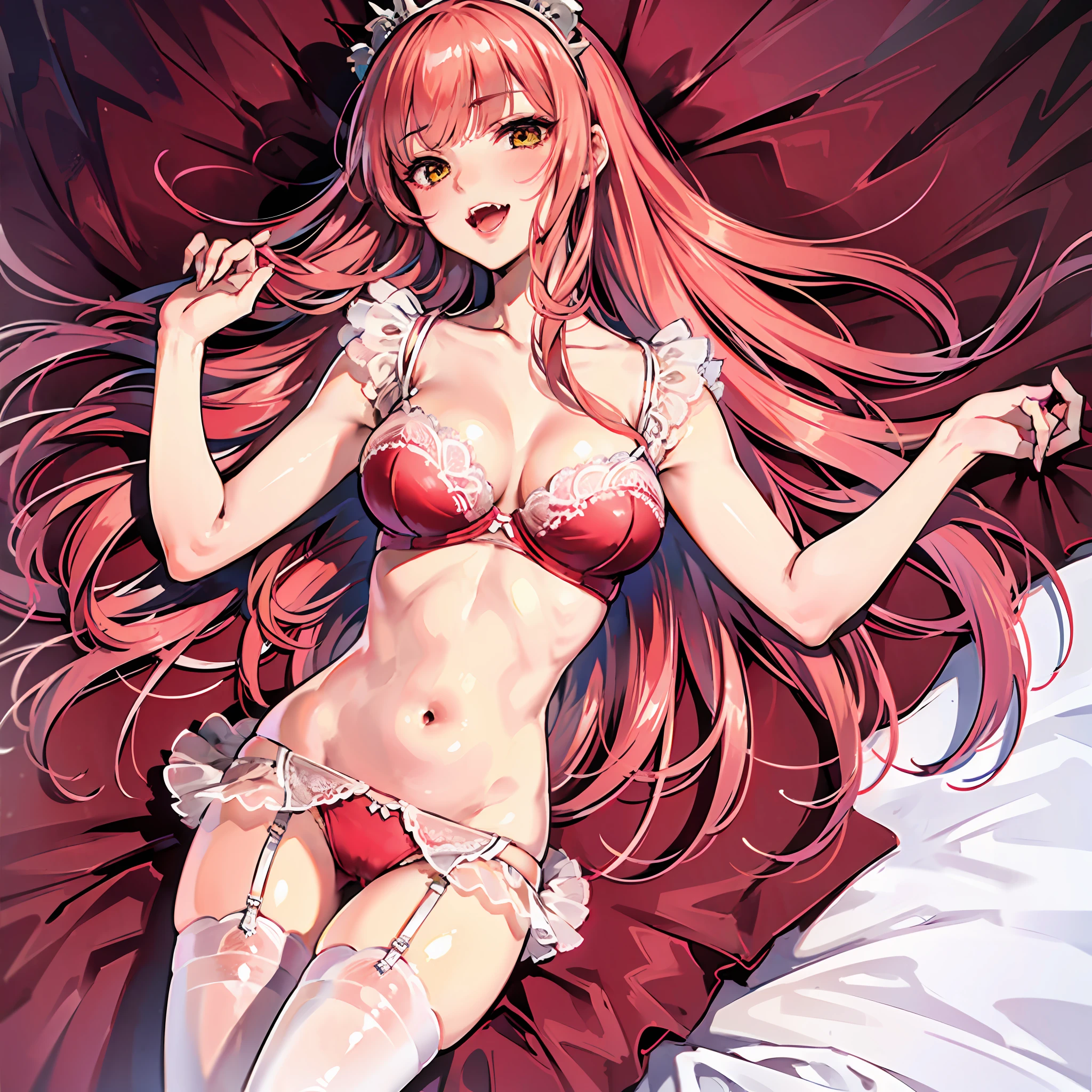 Best quality, highest resolution. Close-up shot. A person lying horizontally on the far side of a bed. Medb, tiger_ears, open mouth, fangs, gorgeous red lingerie, ultra detailed lingerie, blood on teeth, detailed white stockings with garter belt