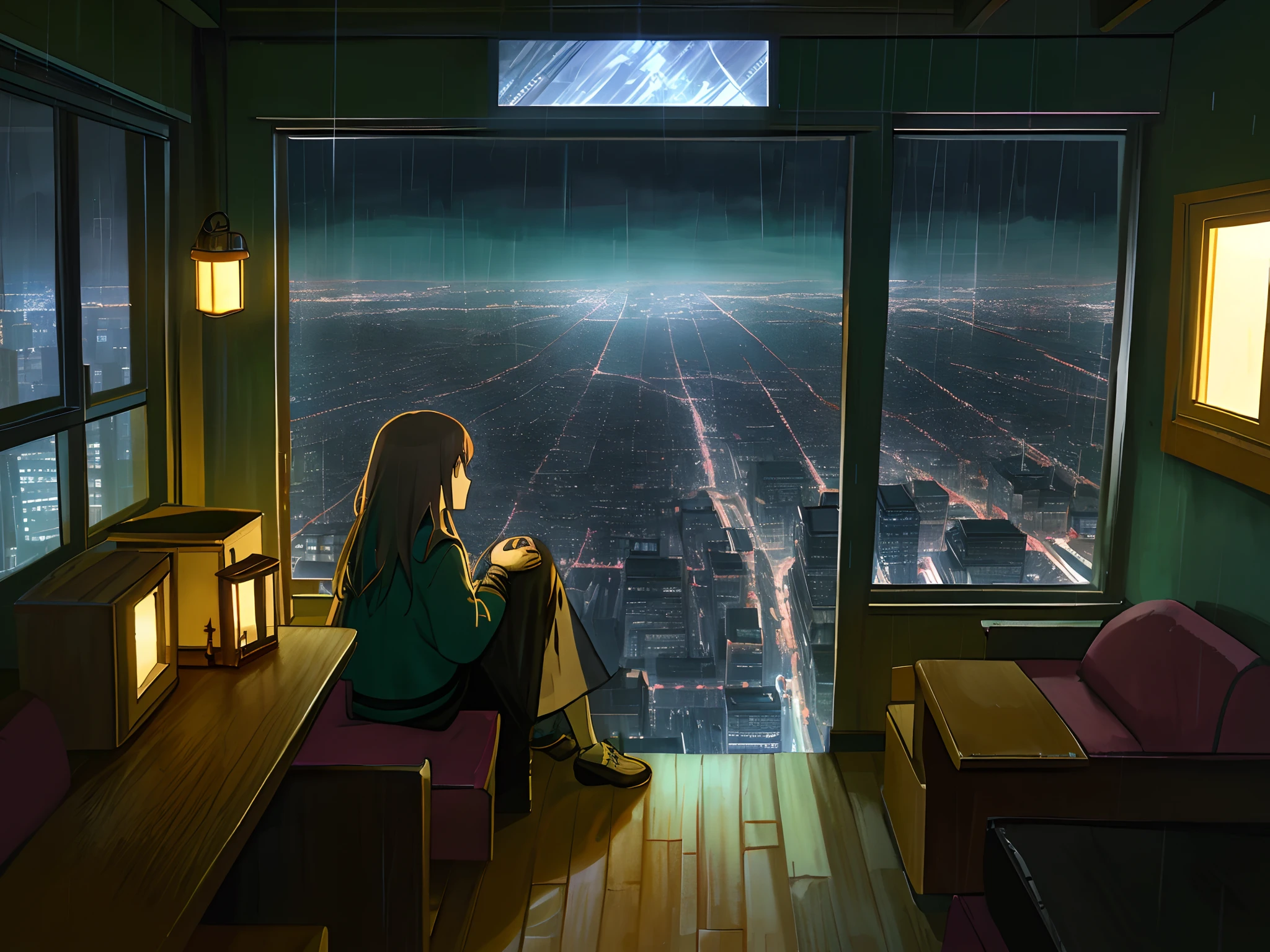 Cyber-style city,Rainy night with bright neon lights,The main view is then a house with no lights on on high and a floor-to-ceiling window overlooking the city facing an entire wall,In front of the floor-to-ceiling windows is a table that is higher than the plan,Then a woman sits on a floor-to-ceiling window and looks down on the city on a rainy night