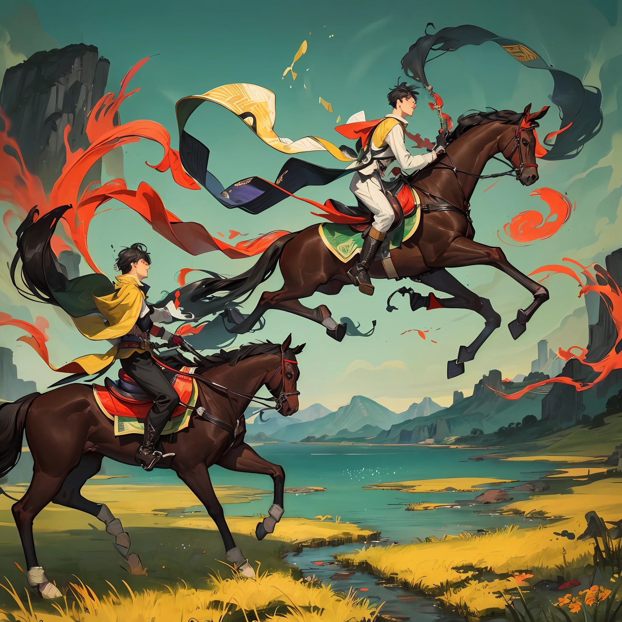 A male teenager rides on a horse with his back to the audience,Chinese ink painting style,vibrant with colors,dream magical,The surrounding contrast is strong,Ultra-top image quality,Epic composition,Mountain and Sea Scrolls,Landscape meadows