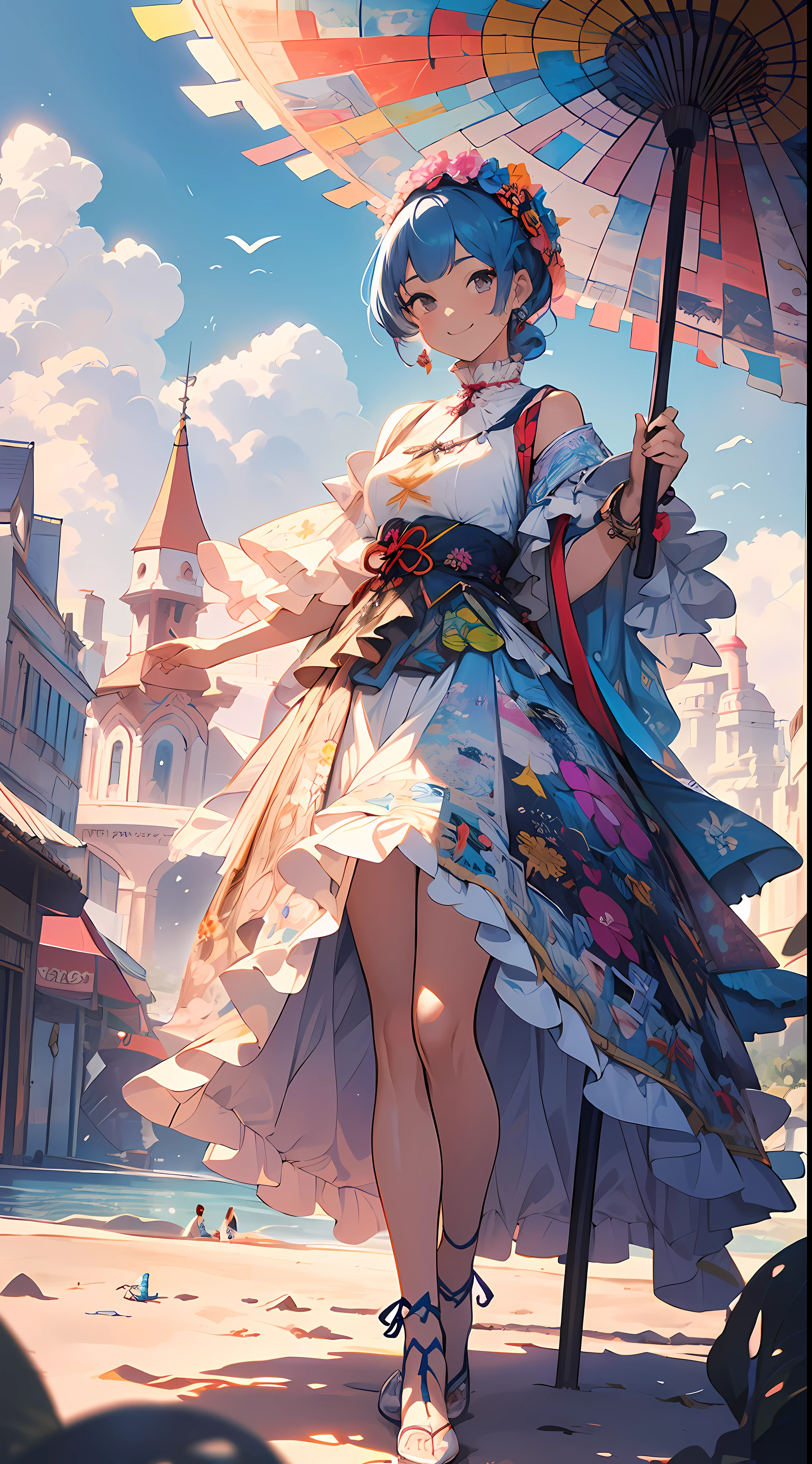 ((flowercrown),((beach parasol)),innocent smiles、eye glass、veranda、ancient city、(1 girl, Solo:1.6),(Cute smile),(Clothes are simple), (Best Impact:1.5), (maximalism:1.7), Vivid contrast, (Realistic), hyperrealistic illustrations, hight resolution, ultra-detailliert, absurderes,(Fractal Art:1.3)、Random hairstyle、Random hair color colorful、FULL BODYSHOT、Retro、Precise focus、randome pose、cinema4d、Drama
