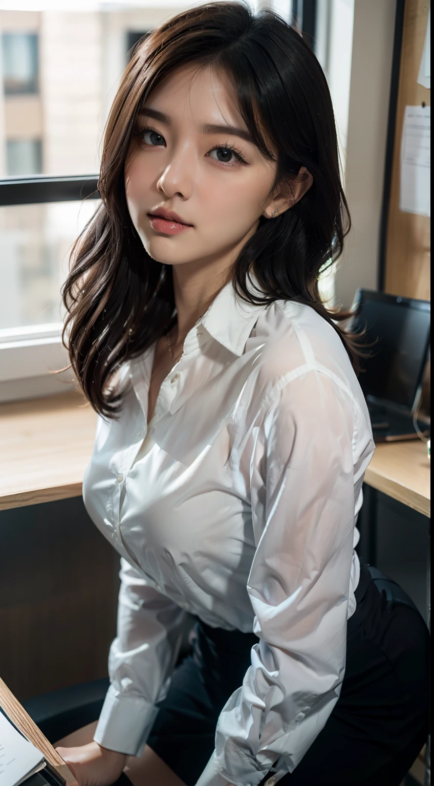 extremely high quality,hyper realistic,black bob hair,cute face,thick eyebrow,office lady,slateglay suit,white shirt,in the office,sexy pose