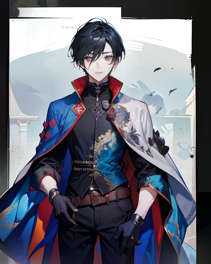 1 boy, solo, black hair, short hair, gray eyes, black shirt, metal cuffs, red gloves, raincoat, high boots, metal greaves, looking at viewer, fantasy art, beautiful painting, shigenori soejima illustration style, epic exquisite character art, stunning characters, (reference sheet:1.5)