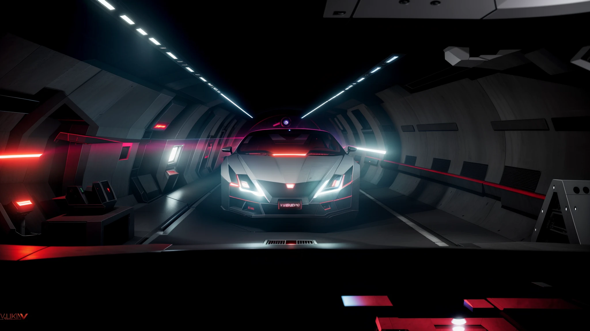 A spaceship with lights on in a tunnel at night, volumetric lighting — w 6 4 0, taken with a Sony A7R camera, detailed ambient lighting, gurney with ambient lighting, Volumetric illumination - N 9, 8K. voluminetric lighting, volumetric lighting - h 7 6 8, Volumetric illumination, 8 k''. voluminetric lighting. Dark