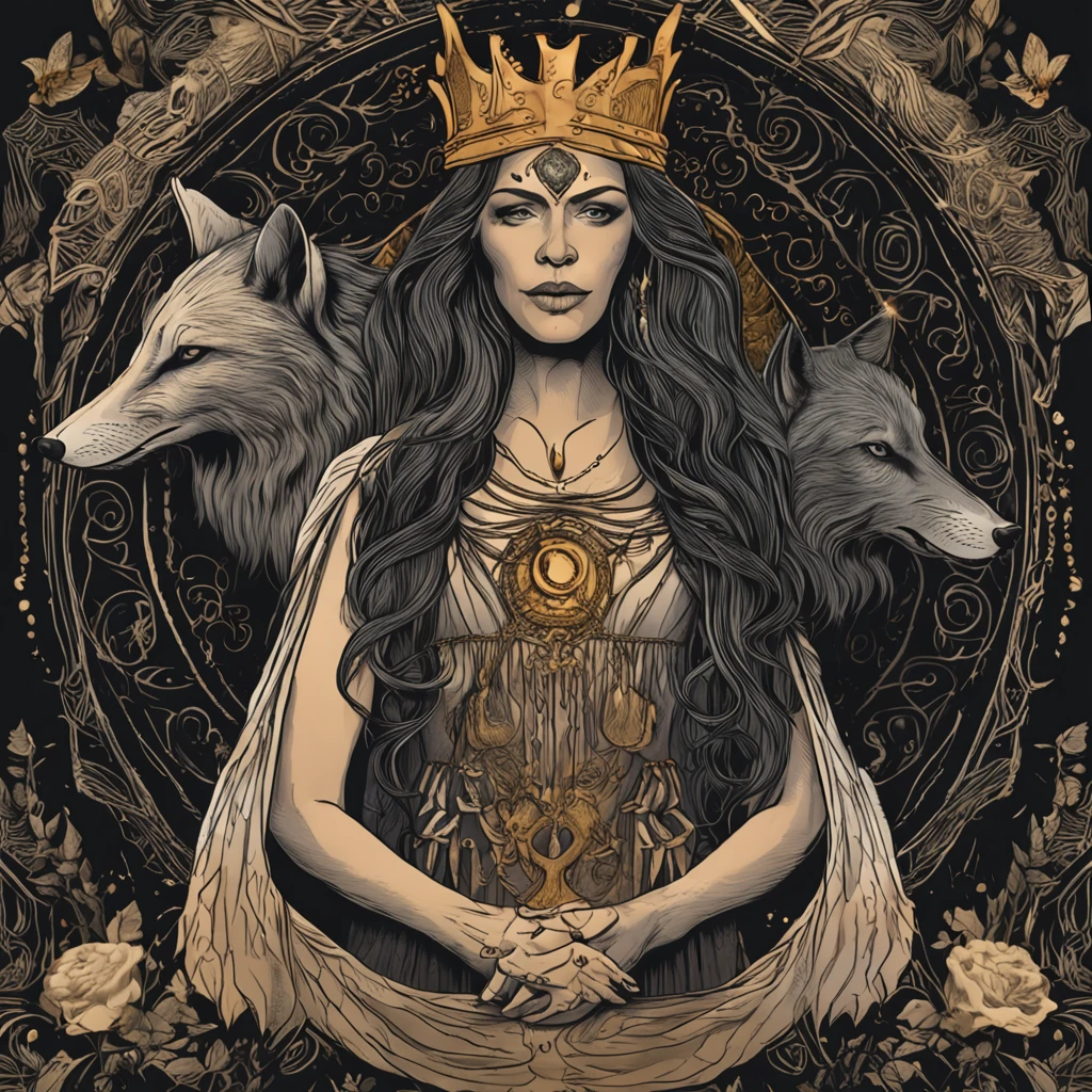 a photo of a woman with a crown and three wolves, hecate goddess, Hecate, pagan goddess, Deusa do Submundo, Norse goddess, persephone as goddess of death, Deusa da Raiva, Rainha do Submundo, deusa. detalhes extremamente altos, Mito grego do ritual escuro, Deusa da morte, the goddess hestia, Rainha do Inferno