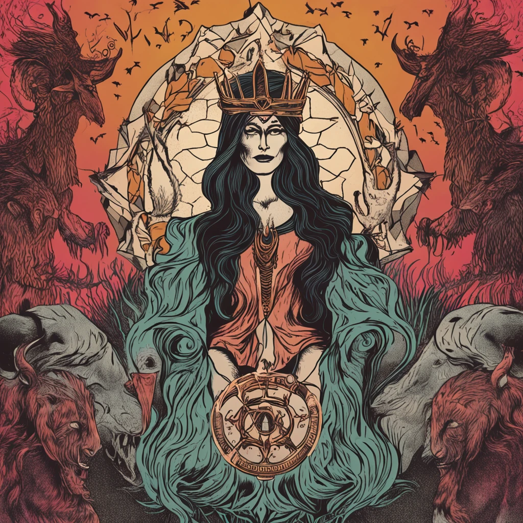 a photo of a woman with a crown and three wolves, hecate goddess, Hecate, pagan goddess, Deusa do Submundo, Norse goddess, persephone as goddess of death, Deusa da Raiva, Rainha do Submundo, deusa. detalhes extremamente altos, Mito grego do ritual escuro, Deusa da morte, the goddess hestia, Rainha do Inferno