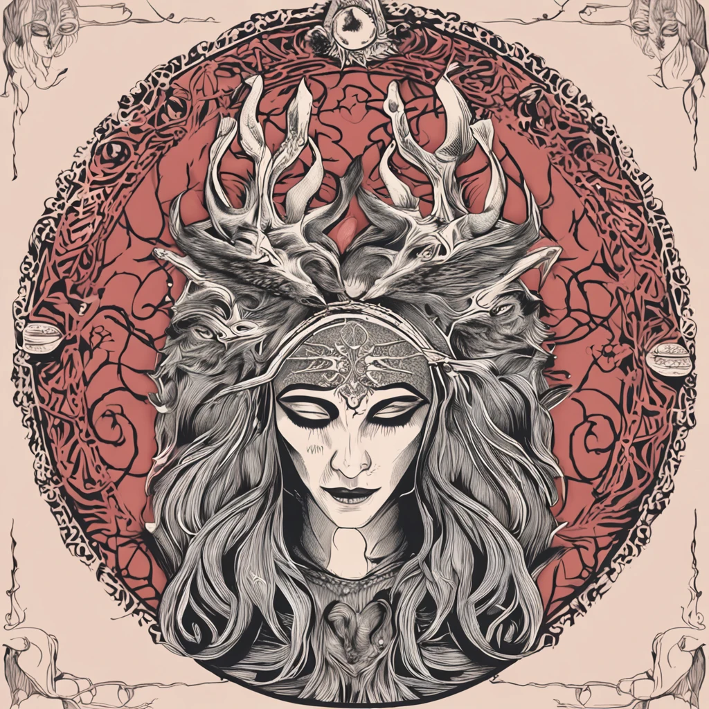 a photo of a woman with a crown and three wolves, hecate goddess, Hecate, pagan goddess, Deusa do Submundo, Norse goddess, persephone as goddess of death, Deusa da Raiva, Rainha do Submundo, deusa. detalhes extremamente altos, Mito grego do ritual escuro, Deusa da morte, the goddess hestia, Rainha do Inferno