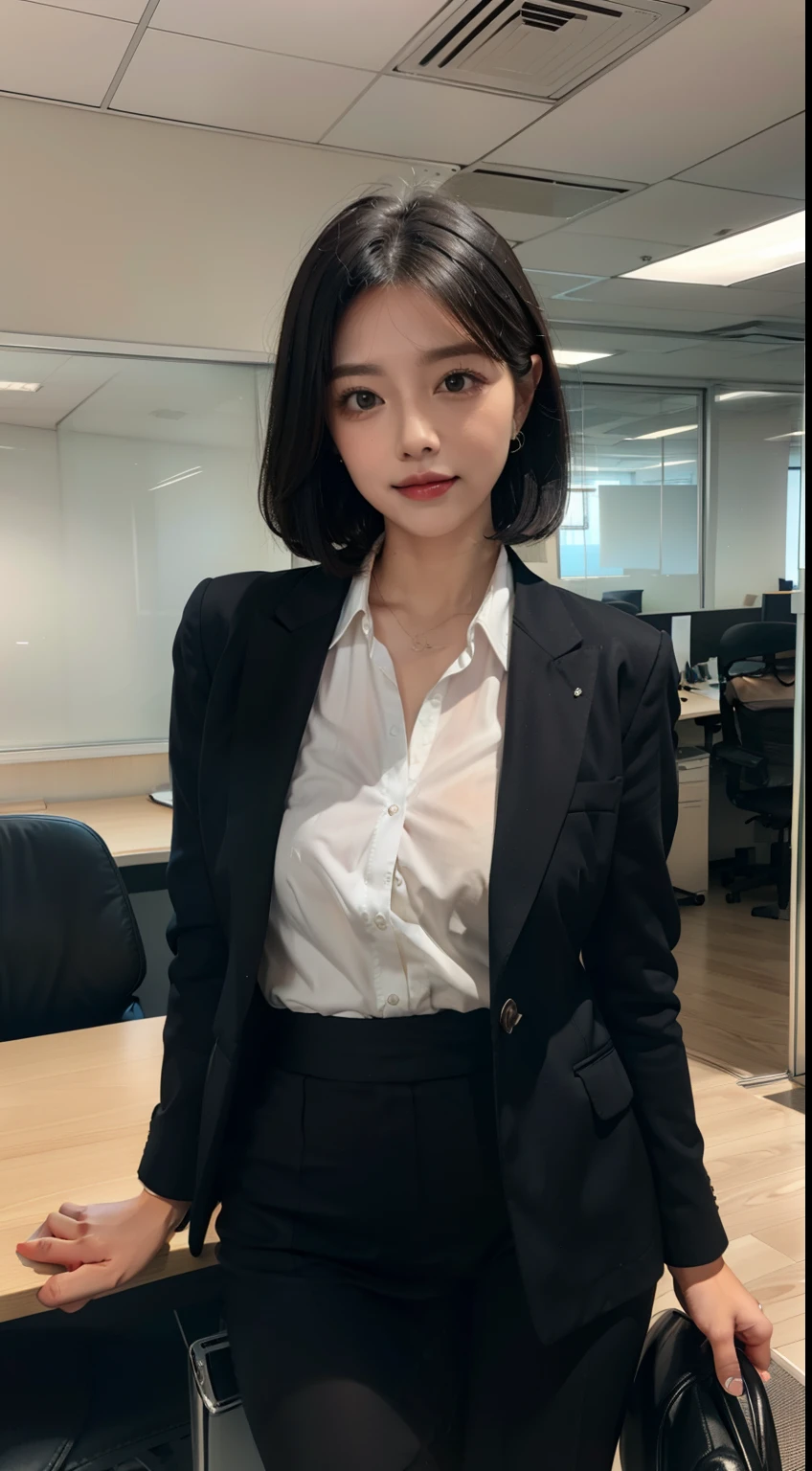 extremely high quality,hyper realistic,black bob hair,cute face,thick eyebrow,office lady,slateglay suit,white shirt,in the office,sexy pose