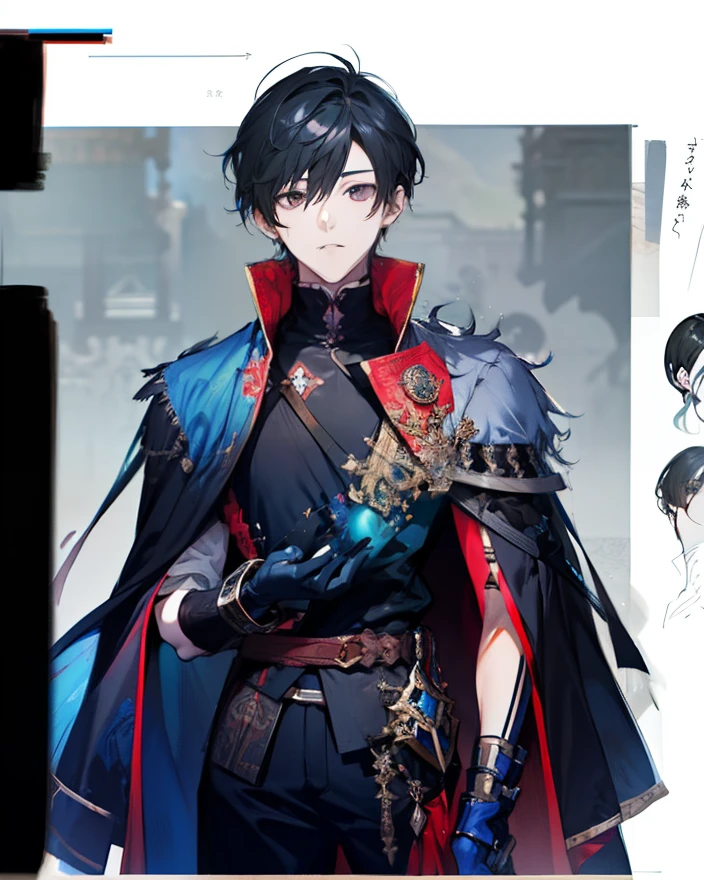 1 boy, solo, black hair, short hair, gray eyes, black shirt, metal cuffs, red gloves, raincoat, high boots, metal greaves, looking at viewer, fantasy art, beautiful painting, shigenori soejima illustration style, epic exquisite character art, stunning characters, (reference sheet:1.5)