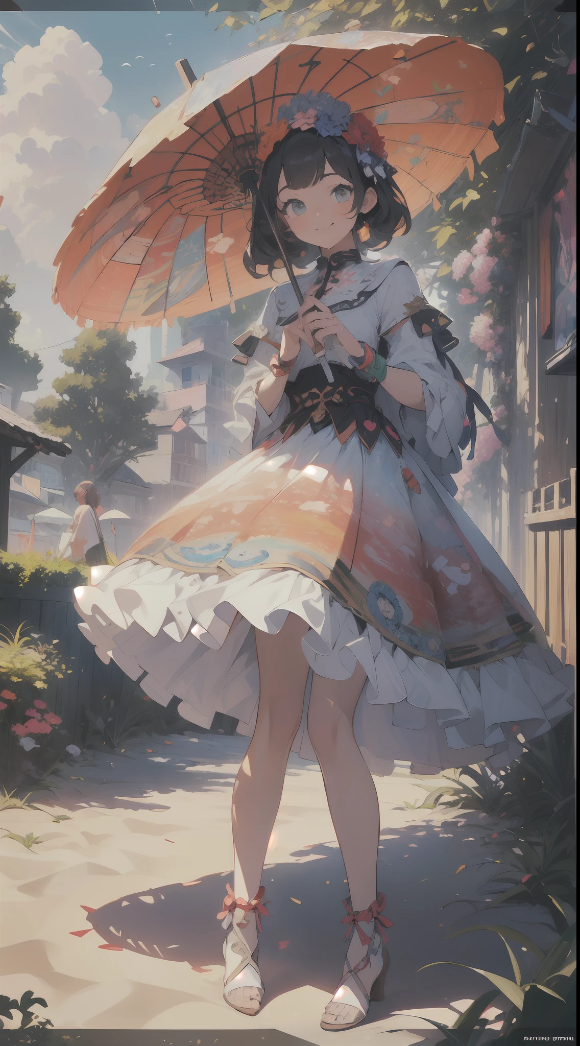 ((flowercrown),((beach parasol)),innocent smiles、eye glass、veranda、ancient city、(1 girl, Solo:1.6),(Cute smile),(Clothes are simple), (Best Impact:1.5), (maximalism:1.7), Vivid contrast, (Realistic), hyperrealistic illustrations, hight resolution, ultra-detailliert, absurderes,(Fractal Art:1.3)、Random hairstyle、Random hair color colorful、FULL BODYSHOT、Retro、Precise focus、randome pose、cinema4d、Drama