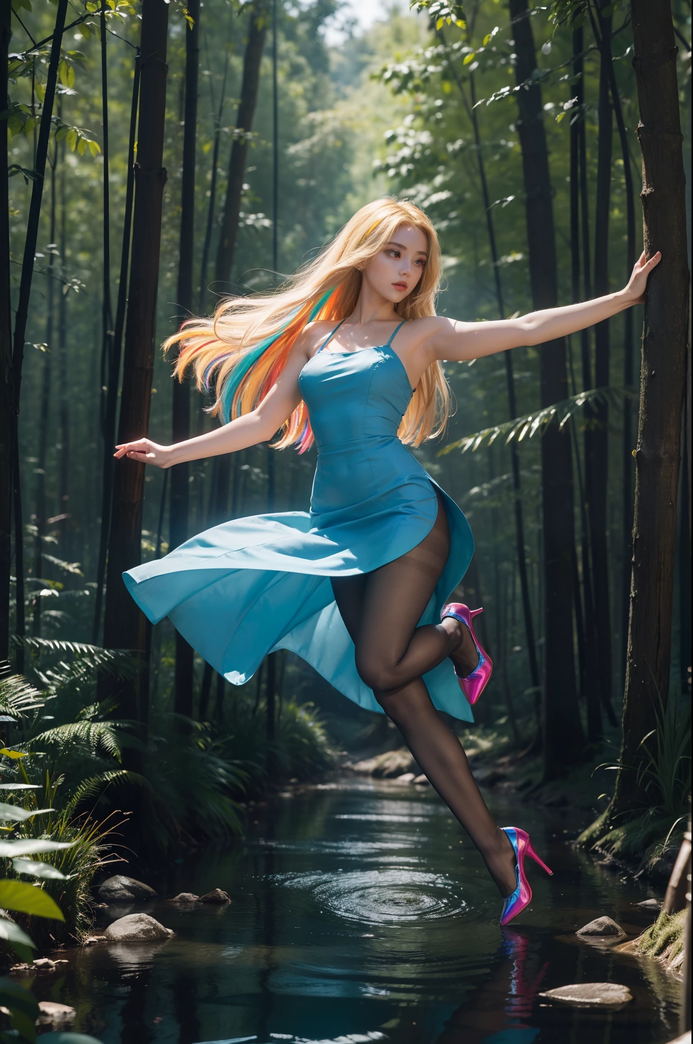 (full body:2),(1girl:1.3),(view the viewer:1.4),(anatomy correct:1.4),(((colorful pantyhose)):1.3), (pointed thick heels :1.3),,((Dancing By the creek in the forest):1.2),((Medieval aristocratic knee-length dress suit):1.3),(Extra Long blonde Hair:1.2),(Accurate and perfect face:1.3),(Long legs and big feet:1.3),((Polished clothing):1.2),((Skin reflection , Skin Gloss):1.2),((((( colorful)))):1.2),hyper HD, Ray traching, reflective light, structurally correct, Award-Awarded, high detail, lighten shade contrast, Face lighting ,cinematic lighting, masterpiece, super detailing, high quality, high detail, best quality, 16k,High contrast,