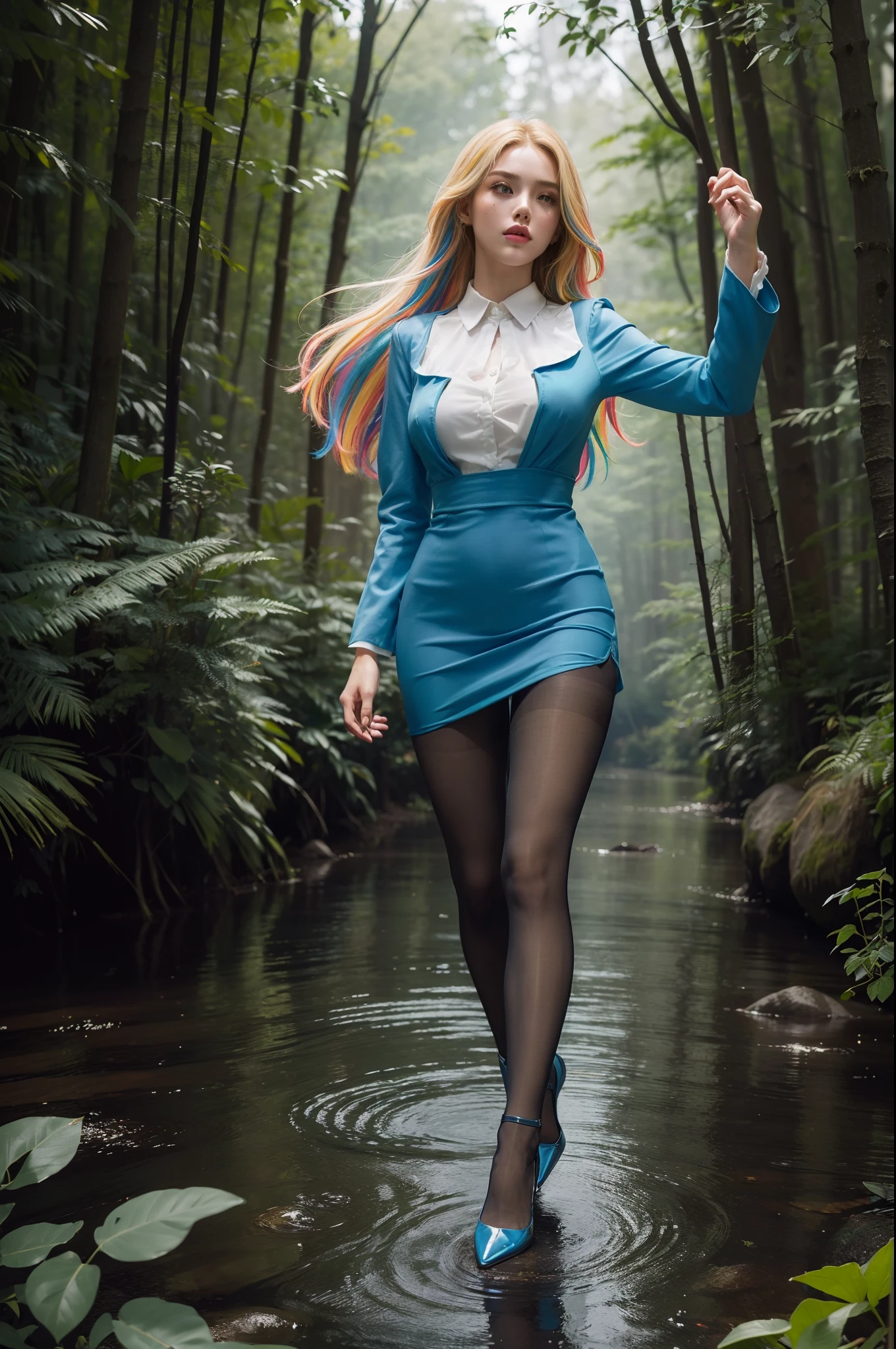 (full body:2)，(1girl:1.3),(view the viewer:1.4)，(anatomy correct:1.4),(((colorful pantyhose)):1.3), (pointed thick heels :1.3),,((Dancing By the creek in the forest):1.2),((Medieval aristocratic knee-length dress suit):1.3),(Extra Long blonde Hair:1.2),(Accurate and perfect face:1.3),(Long legs and big feet:1.3),((Polished clothing):1.2),((Skin reflection , Skin Gloss):1.2)，((((( colorful)))):1.2)，hyper HD, Ray traching, reflective light， structurally correct, Award-Awarded, high detail, lighten shade contrast, Face lighting ，cinematic lighting, masterpiece, super detailing, high quality, high detail, best quality, 16k，High contrast,