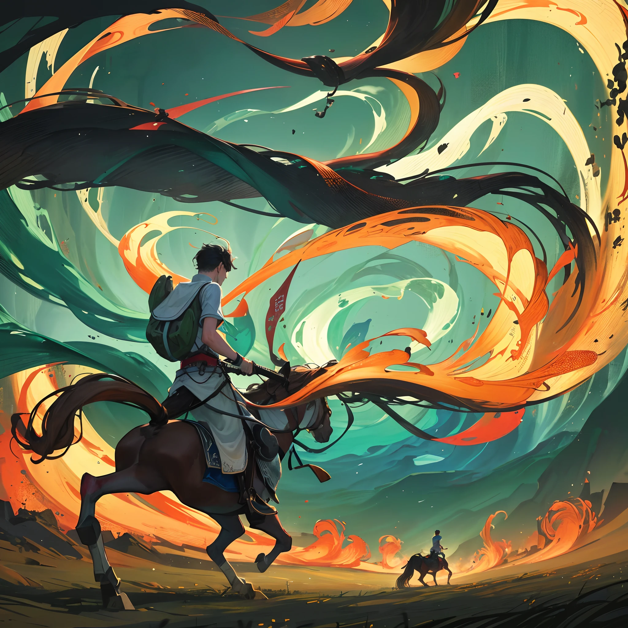 A male teenager rides on a horse with his back to the audience，Chinese ink painting style，vibrant with colors，dream magical，The surrounding contrast is strong，Ultra-top image quality，Epic composition，Mountain and Sea Scrolls，Landscape meadows