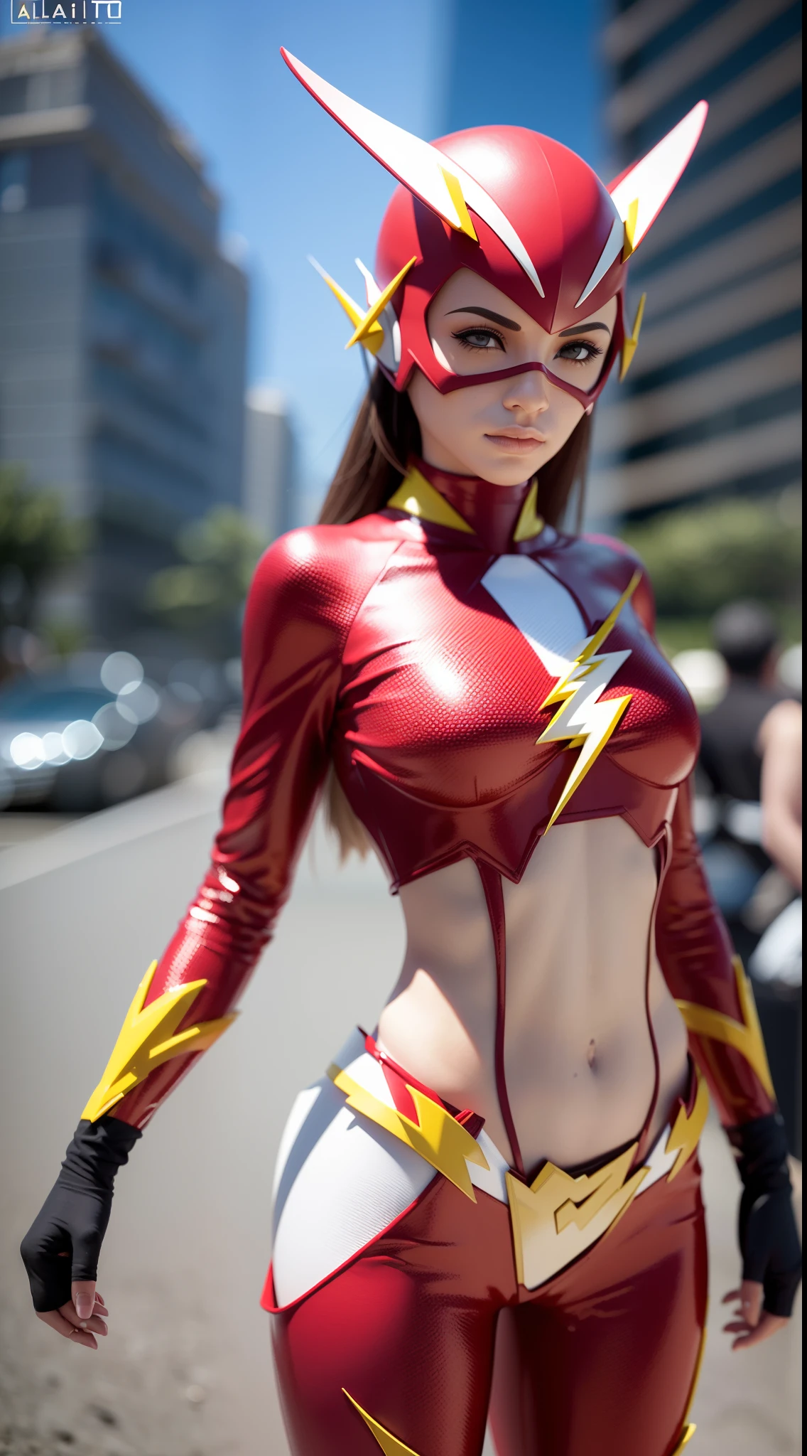 ((Flash woman)) , seios grandes , medium hips, (( ultra realista )), TM Ninja branco,Icons, cores vibrantes, estilo vetorial, arte digital, 4k, detalhes intrincados, Hipnotizante, feito profissionalmente, Beautiful vector illustration, 12k resolution, ..3d, todos os caracteres em corpo inteiro detalhado, ((altamente detalhado)), ((vibrante)),(( Ultra alta qualidade)), ((hiper-realismo)), ((fotorrealismo)), [octan render], na cidade , muitos carros ( realista )