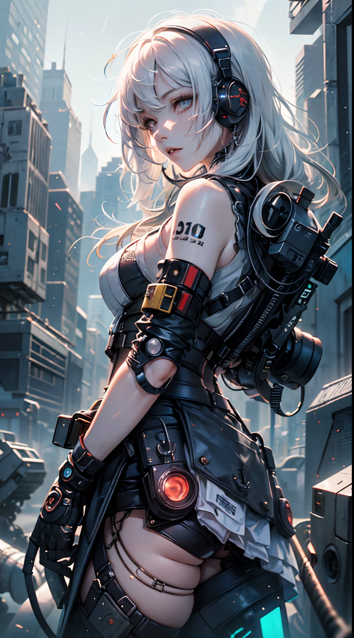 (1girl in)、(Plump beauty)、(White hair)、(30-years old)、(Top image quality)、(8K picture quality)、(cyberpunked)、(masutepiece)、 (Flickering of light)、(Wear a cyberpunk military uniform)(Carrying a sword on your back)、cinematric light, Cinema Shadow, Sharp Image, Extremely detailed, Volumetric, Bright sprites, particles effect, beautiful effects, Vivid colors, neons, Neon light, Highly detailed image textures, detailed hairs, Detailed eyes, city、Dark hair、Eyes glow、Sparkling red aura、Photo from the knee up、Legion of Machines、