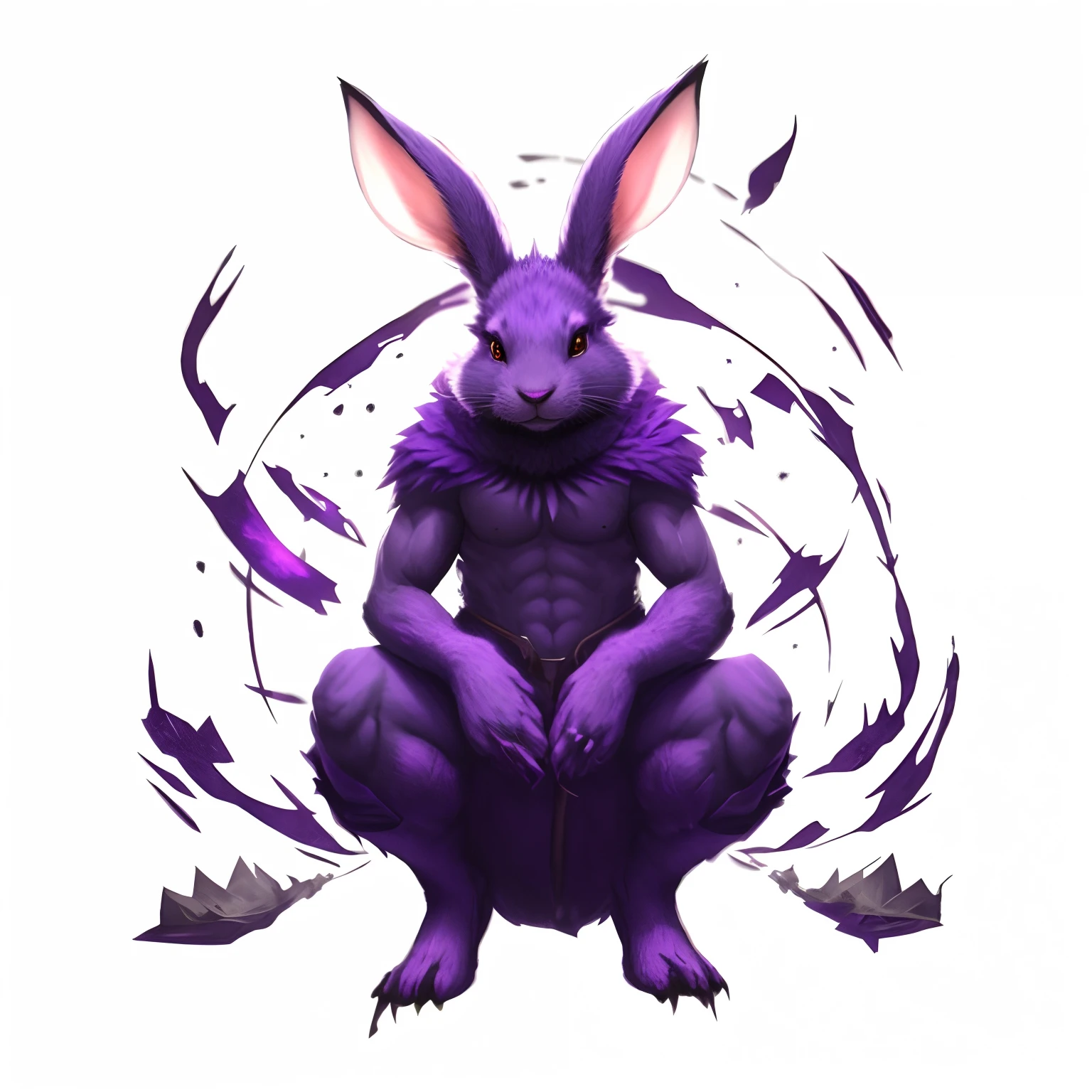 Purple rabbit sitting on big hind legs, pointy ear, rabbit warrior, inspired by Kanbun Master, rabbt_Character, electrixbunny, Big Chungus(Elden Ring's Boss), Purple Ancient Horn God, Anthropomorphic rabbit, Nasassa, koda kazuma, guggimon