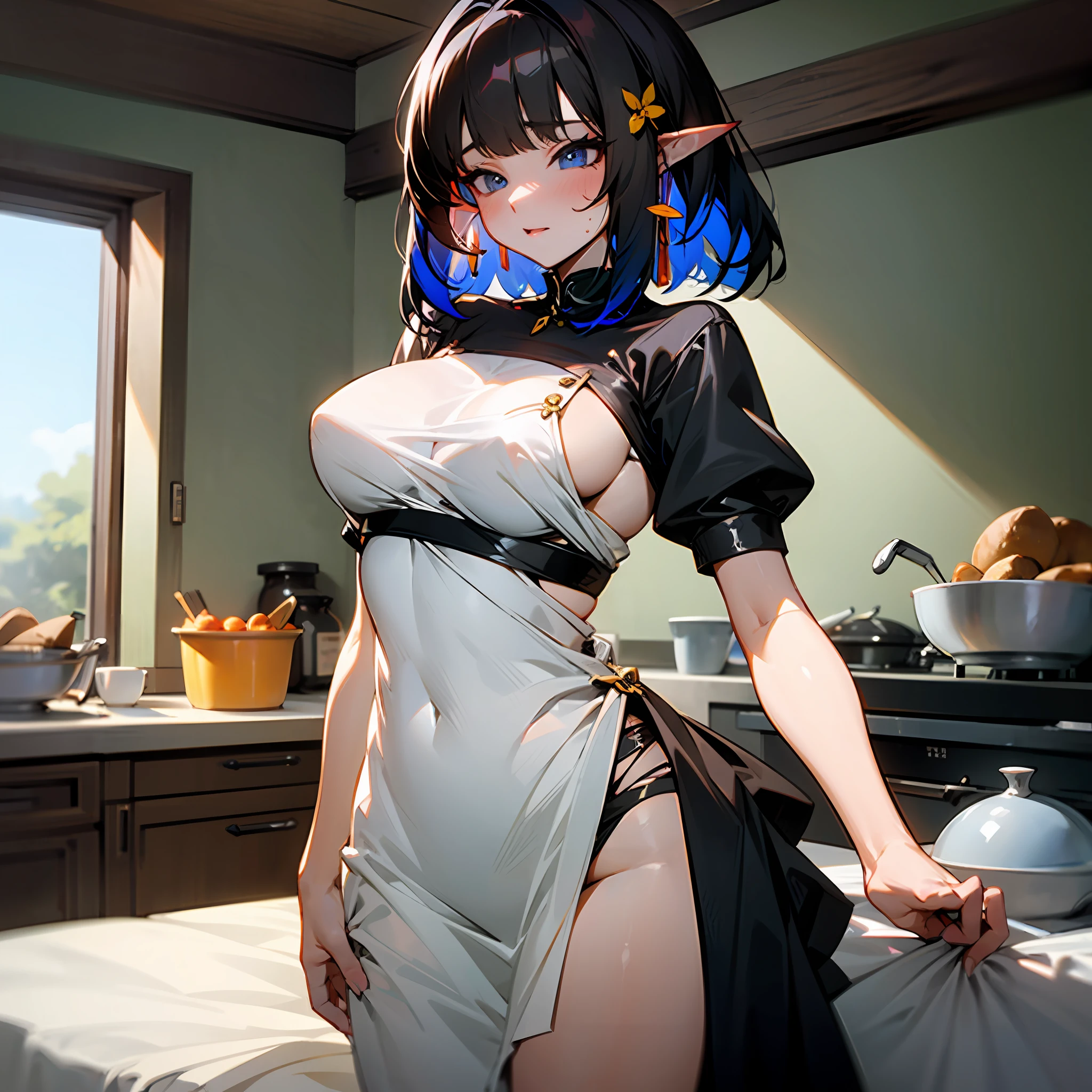 Eunectes, big breastes, in a kitchen, prepares meals, Very sexy maid's clothes