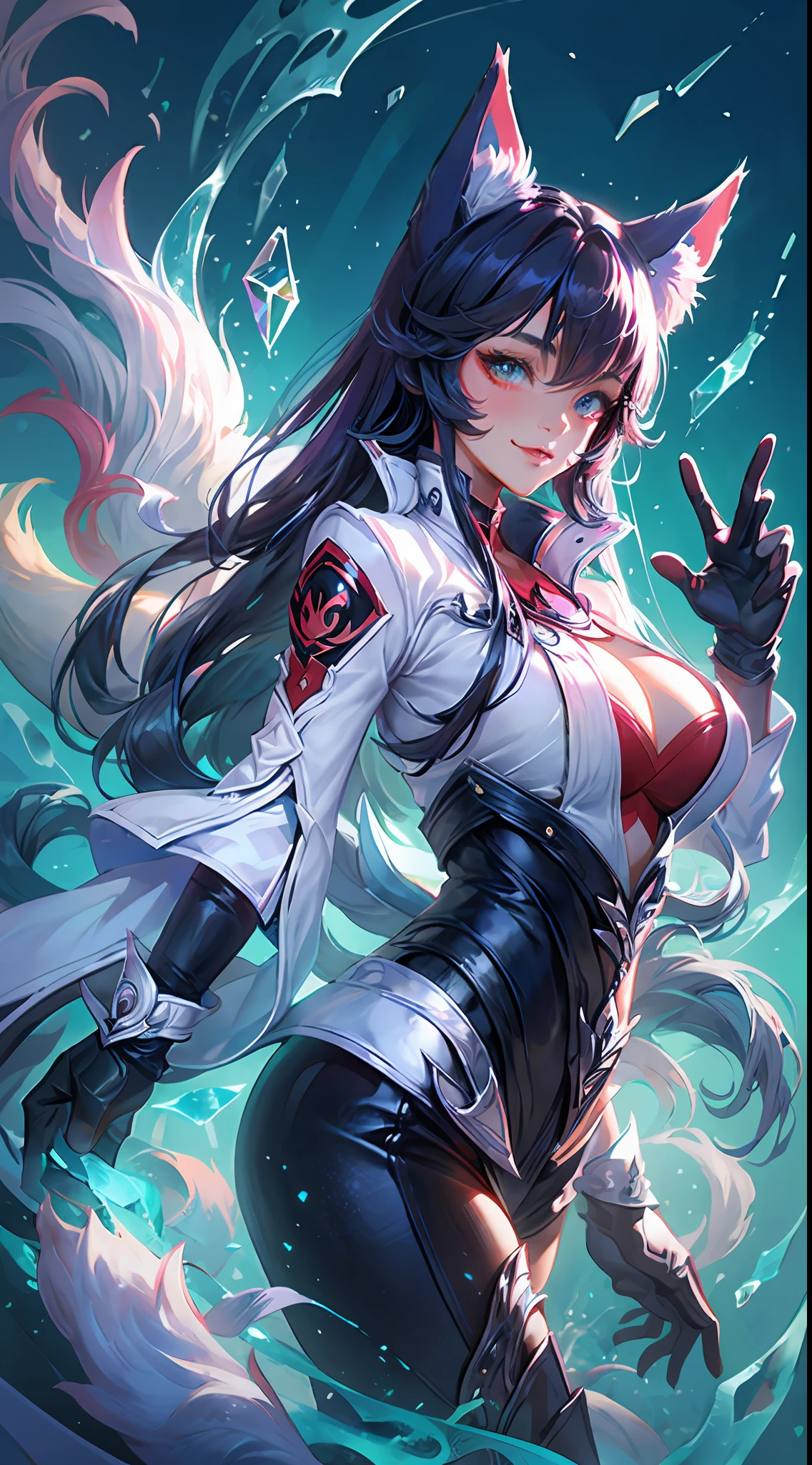 arcana ahri skin, 1girl, solo, long hair, breasts, looking at viewer, smile, gloves, animal ears, tail, fox ears, bodysuit, fox tail, glowing, helmet, multiple tails, Fluffy tail, huge breast