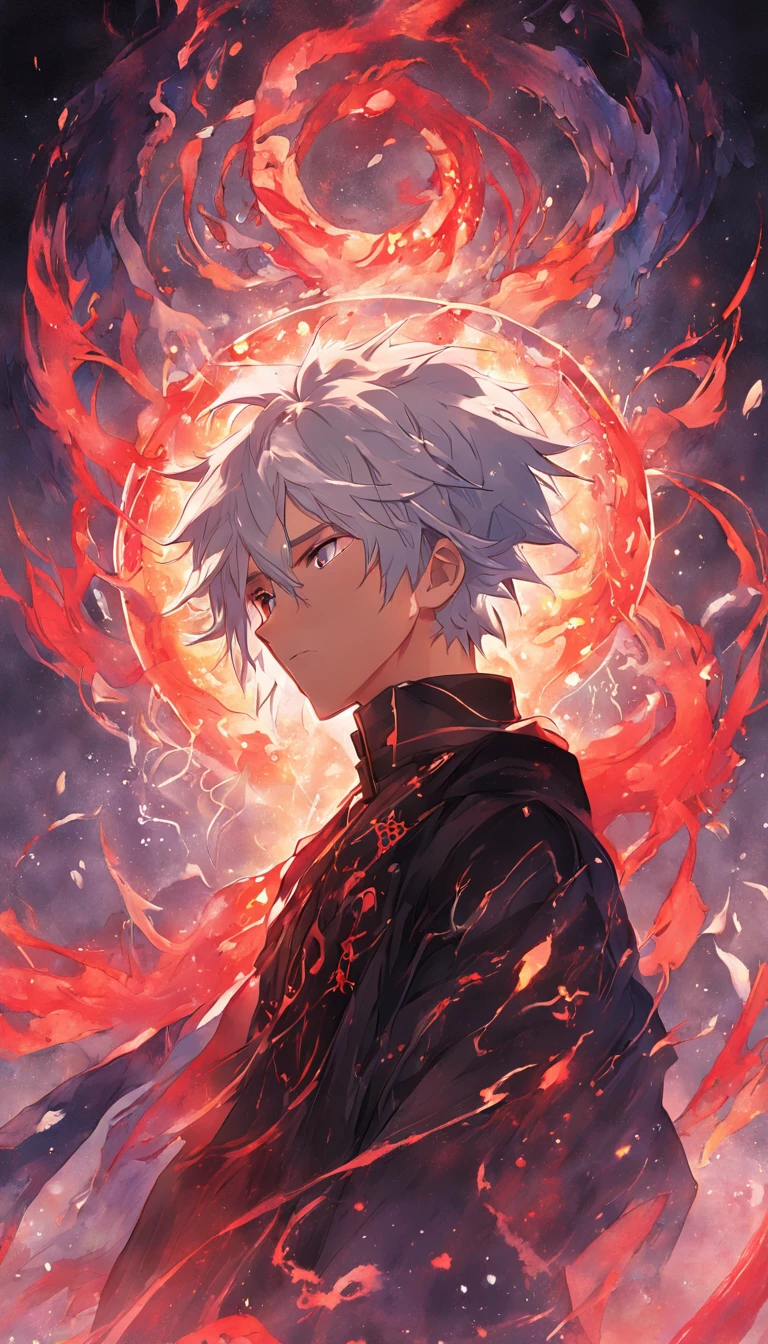 a painting that represents the essence of magic in your world, showing the white-haired, red-eyed protagonist with a mystical black mark on his neck immersed in a cascade of magical energy, with glowing particles dancing around him and arcane symbols forming in the air