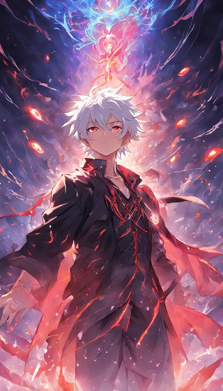 a painting that represents the essence of magic in your world, showing the white-haired, red-eyed protagonist with a mystical black mark on his neck immersed in a cascade of magical energy, with glowing particles dancing around him and arcane symbols forming in the air