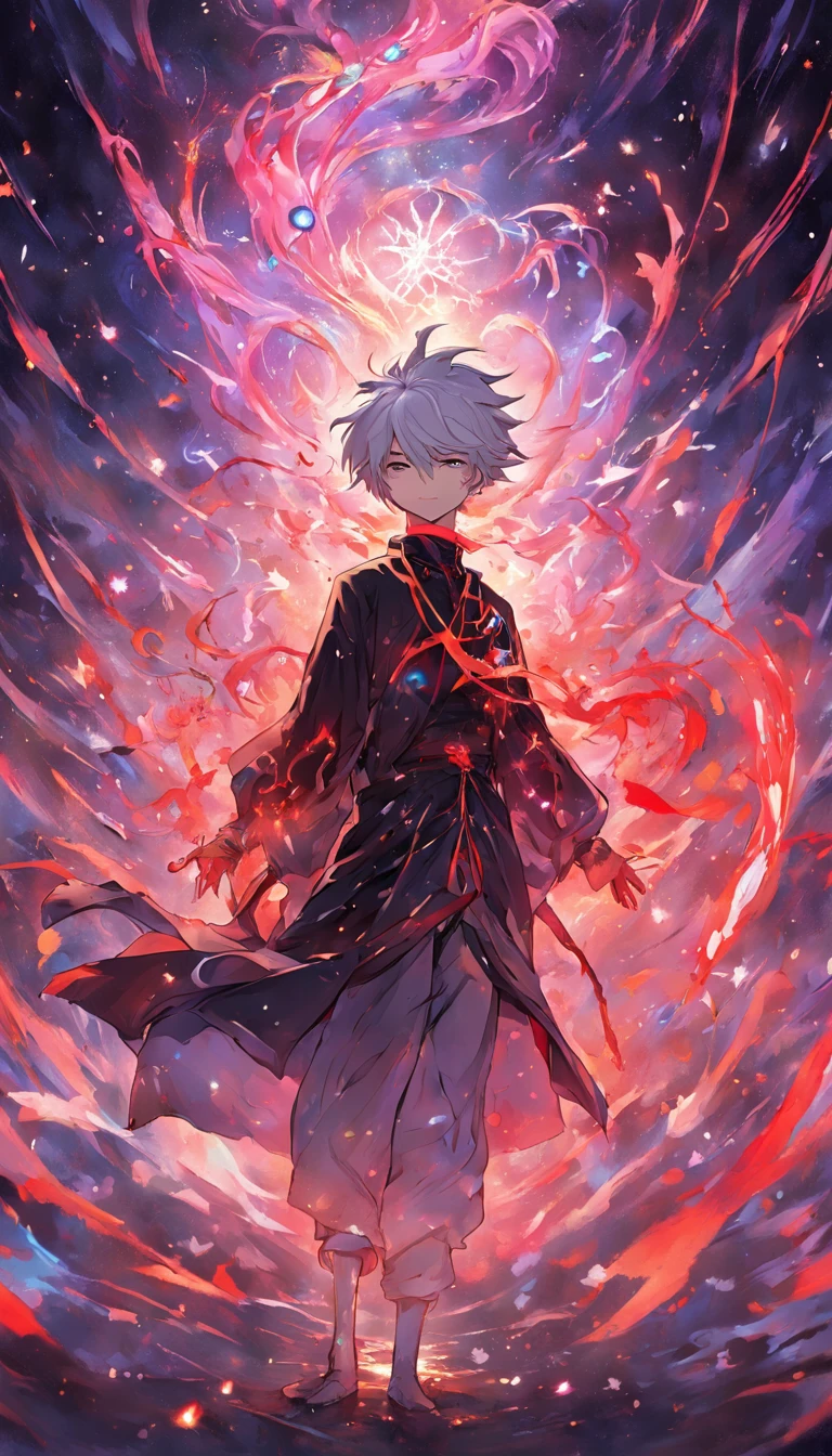 a painting that represents the essence of magic in your world, showing the white-haired, red-eyed protagonist with a mystical black mark on his neck immersed in a cascade of magical energy, with glowing particles dancing around him and arcane symbols forming in the air