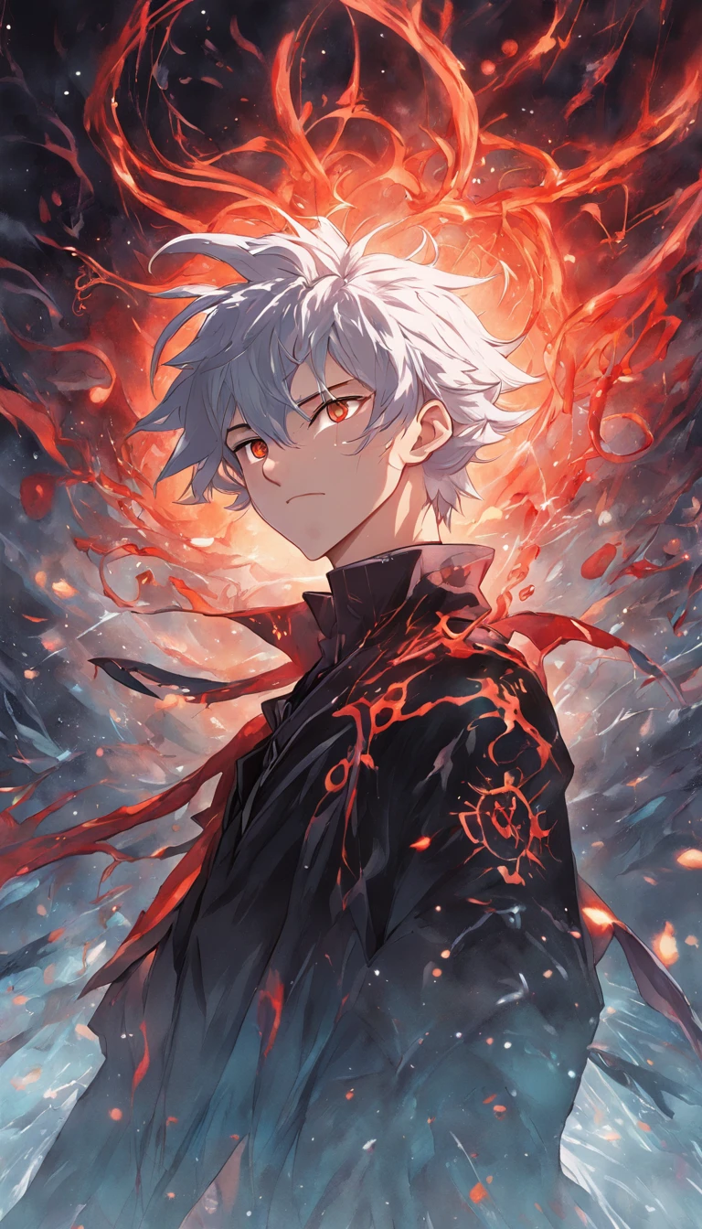 a painting that represents the essence of magic in your world, showing the white-haired, red-eyed protagonist with a mystical black mark on his neck immersed in a cascade of magical energy, with glowing particles dancing around him and arcane symbols forming in the air