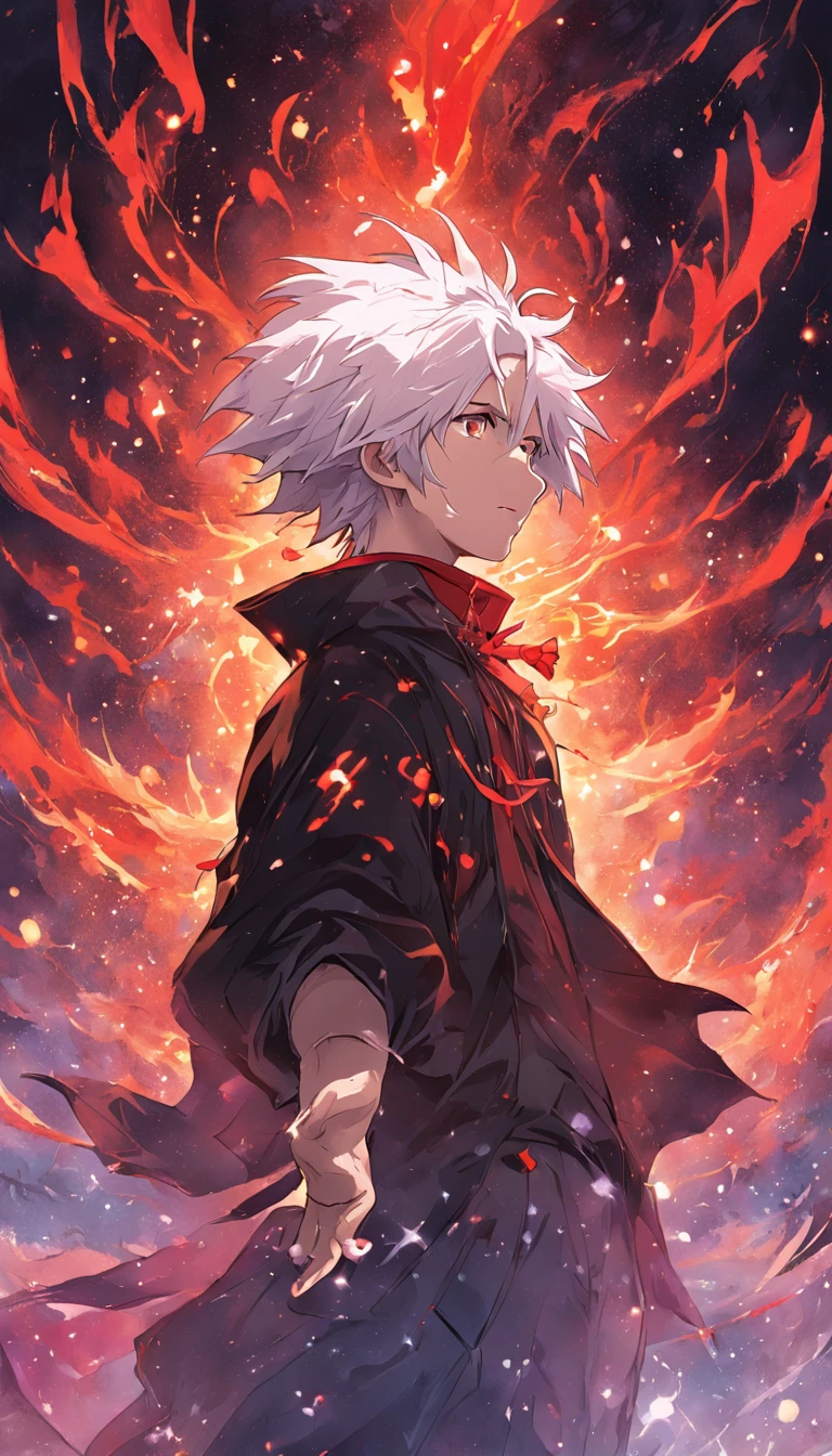 a painting that represents the essence of magic in your world, showing the white-haired, red-eyed protagonist with a mystical black mark on his neck immersed in a cascade of magical energy, with glowing particles dancing around him and arcane symbols forming in the air