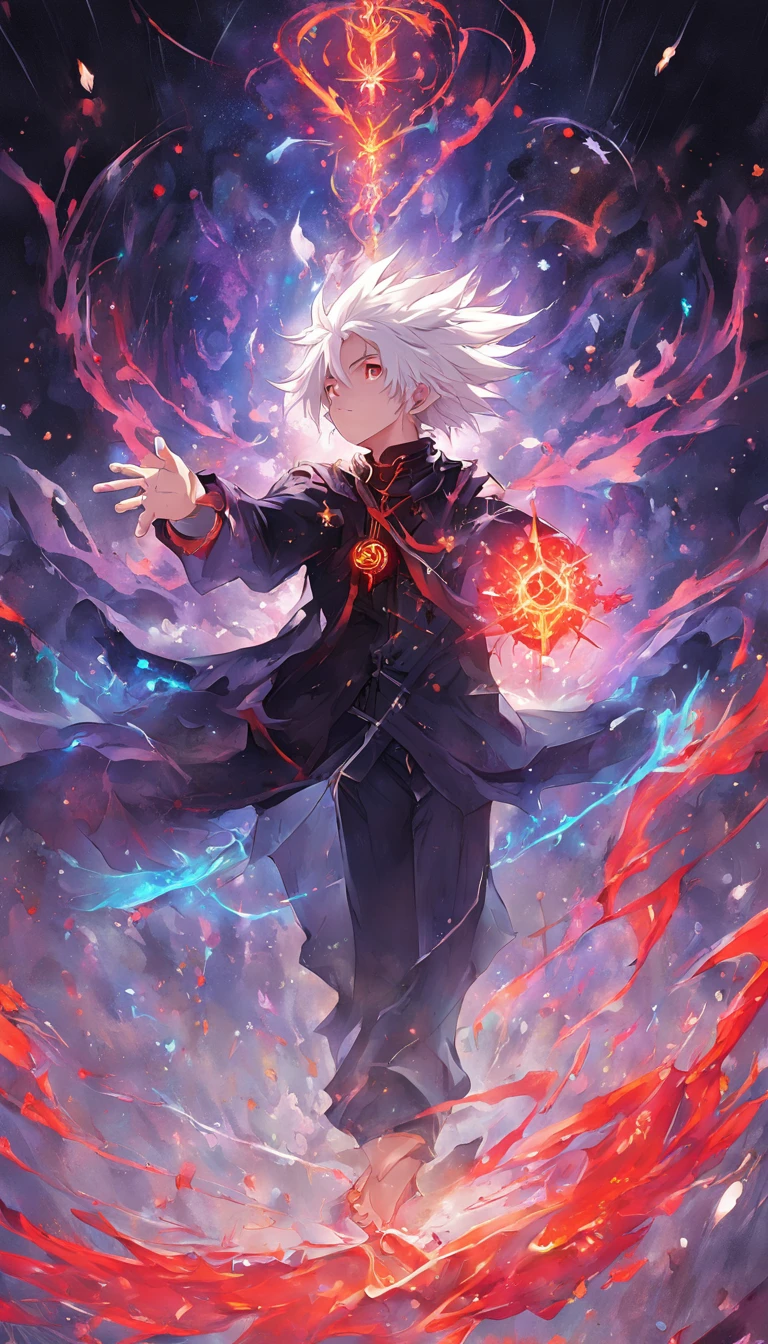 a painting that represents the essence of magic in your world, showing the white-haired, red-eyed protagonist with a mystical black mark on his neck immersed in a cascade of magical energy, with glowing particles dancing around him and arcane symbols forming in the air
