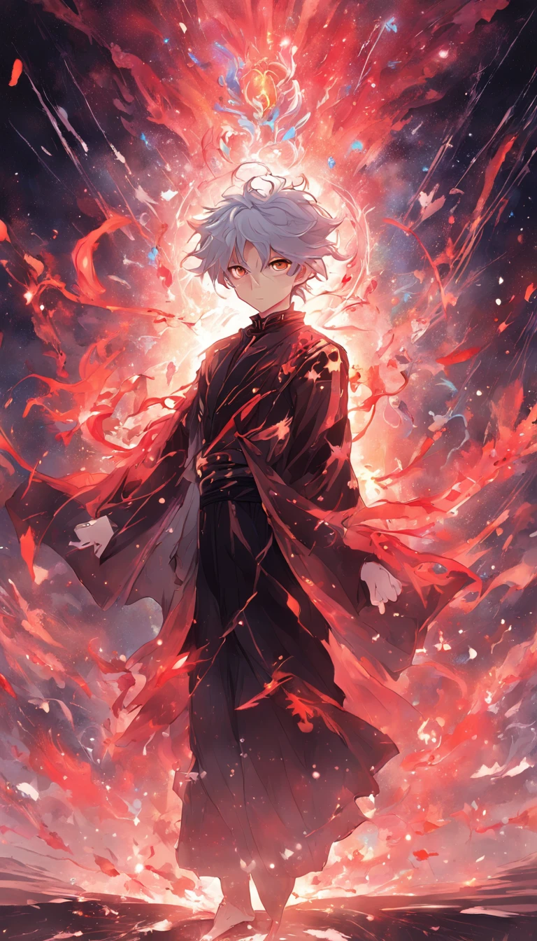 a painting that represents the essence of magic in your world, showing the white-haired, red-eyed protagonist with a mystical black mark on his neck immersed in a cascade of magical energy, with glowing particles dancing around him and arcane symbols forming in the air