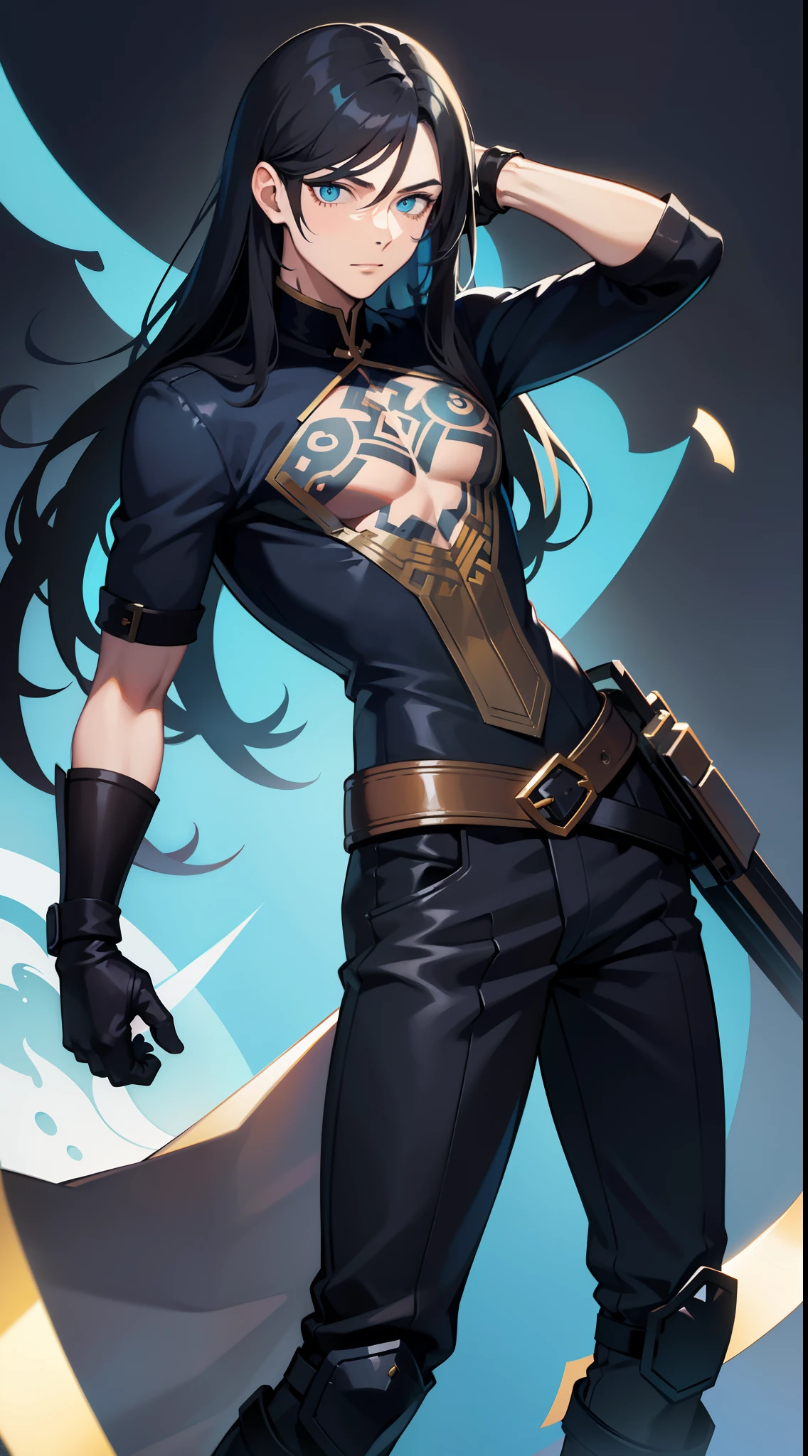 Young man, Long black hair, Cyan eyes, Tatoo, open torso, breeches, Iron hands, tmasterpiece, hiquality