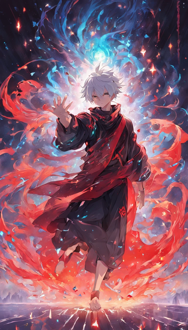 a painting that represents the essence of magic in your world, showing the white-haired, red-eyed protagonist with a mystical black mark on his neck immersed in a cascade of magical energy, with glowing particles dancing around him and arcane symbols forming in the air
