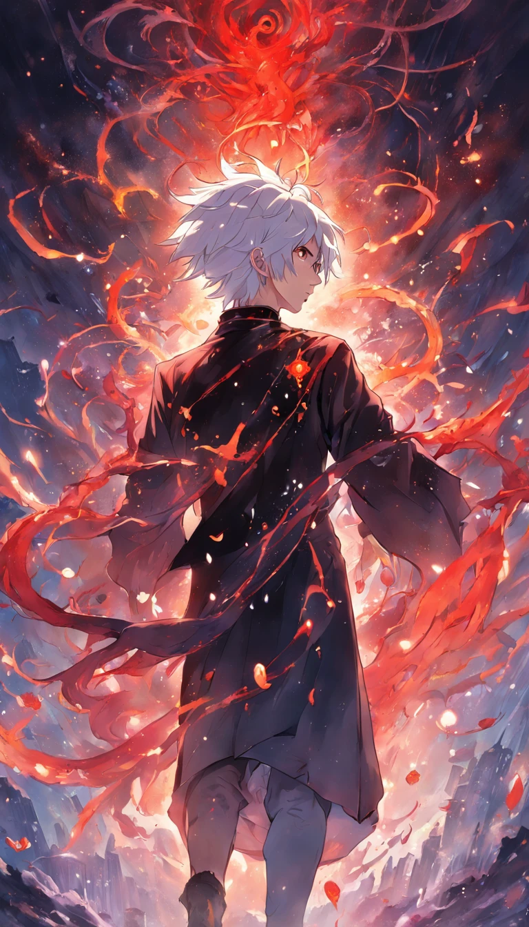 a painting that represents the essence of magic in your world, showing the white-haired, red-eyed protagonist with a mystical black mark on his neck immersed in a cascade of magical energy, with glowing particles dancing around him and arcane symbols forming in the air