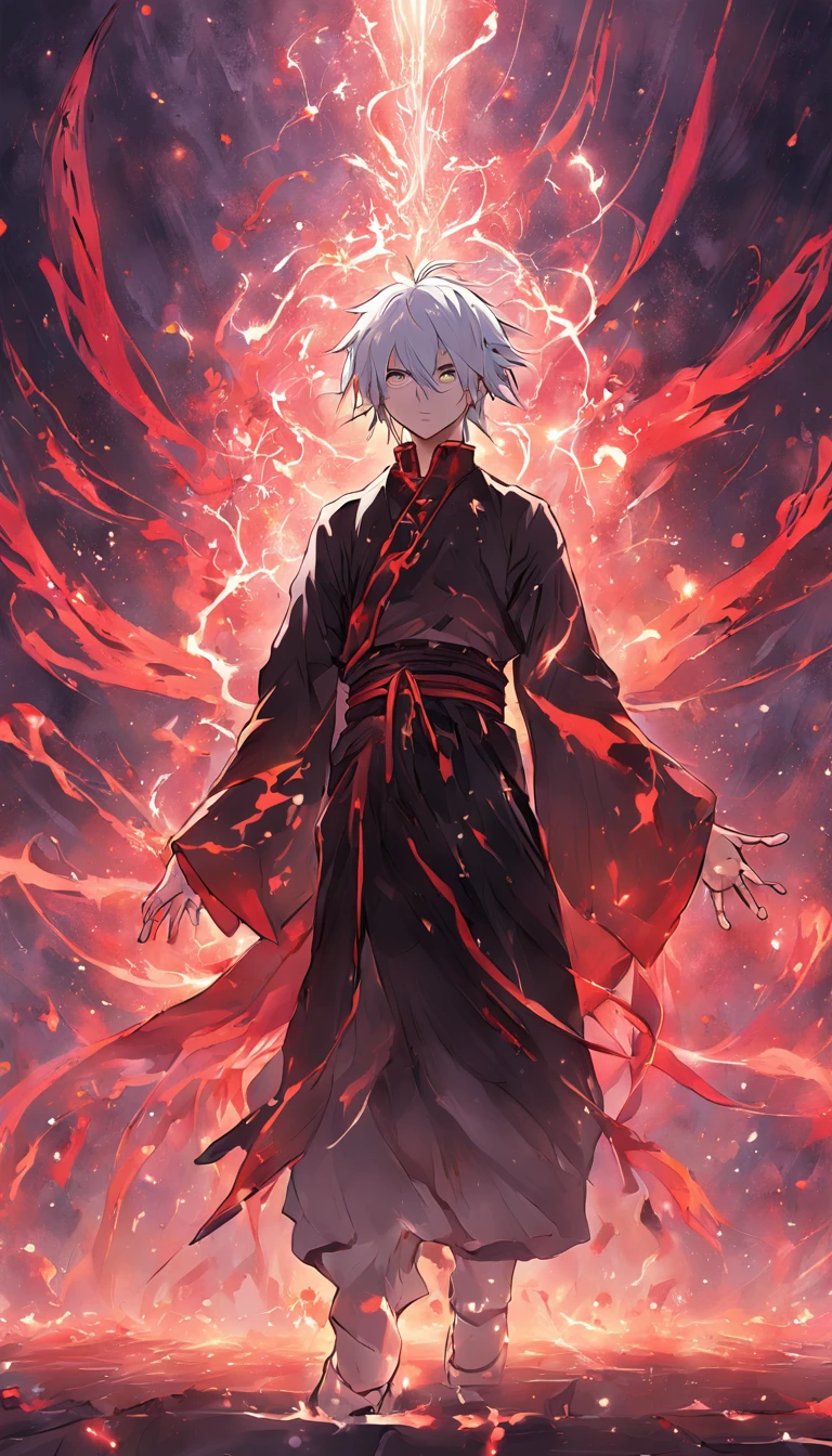 a painting that represents the essence of magic in your world, showing the white-haired, red-eyed protagonist with a mystical black mark on his neck immersed in a cascade of magical energy, with glowing particles dancing around him and arcane symbols forming in the air