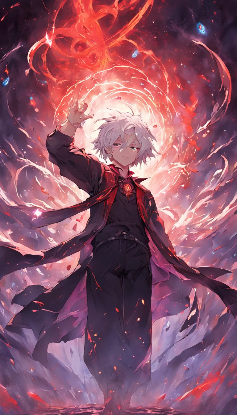 a painting that represents the essence of magic in your world, showing the white-haired, red-eyed protagonist with a mystical black mark on his neck immersed in a cascade of magical energy, with glowing particles dancing around him and arcane symbols forming in the air