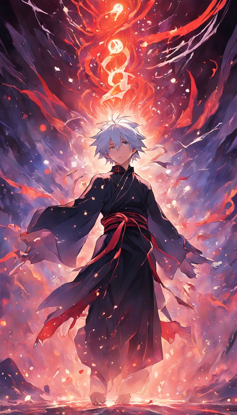 a painting that represents the essence of magic in your world, showing the white-haired, red-eyed protagonist with a mystical black mark on his neck immersed in a cascade of magical energy, with glowing particles dancing around him and arcane symbols forming in the air
