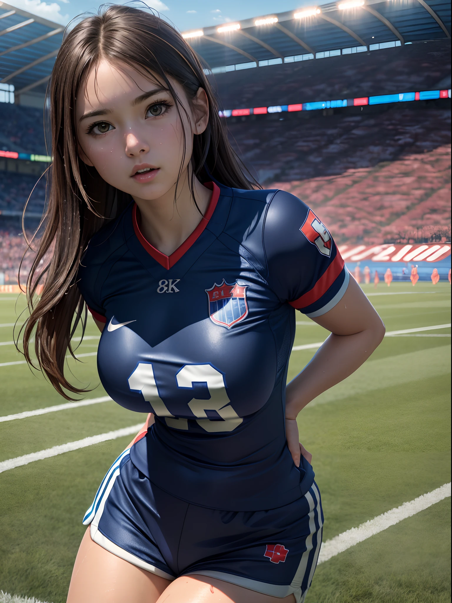 (8K, Raw photo, Best Quality, masutepiece:1.2), (Realistic, Photorealsitic:1.37),1 girl,Cute, (Solo),A detailed face, Dramatic Angle,
,football uniform,Look away,Sporty,Shoot a soccer ball,Wet skin,Sweat,Large breasts,Nice　Legs,　　Football Venues ,