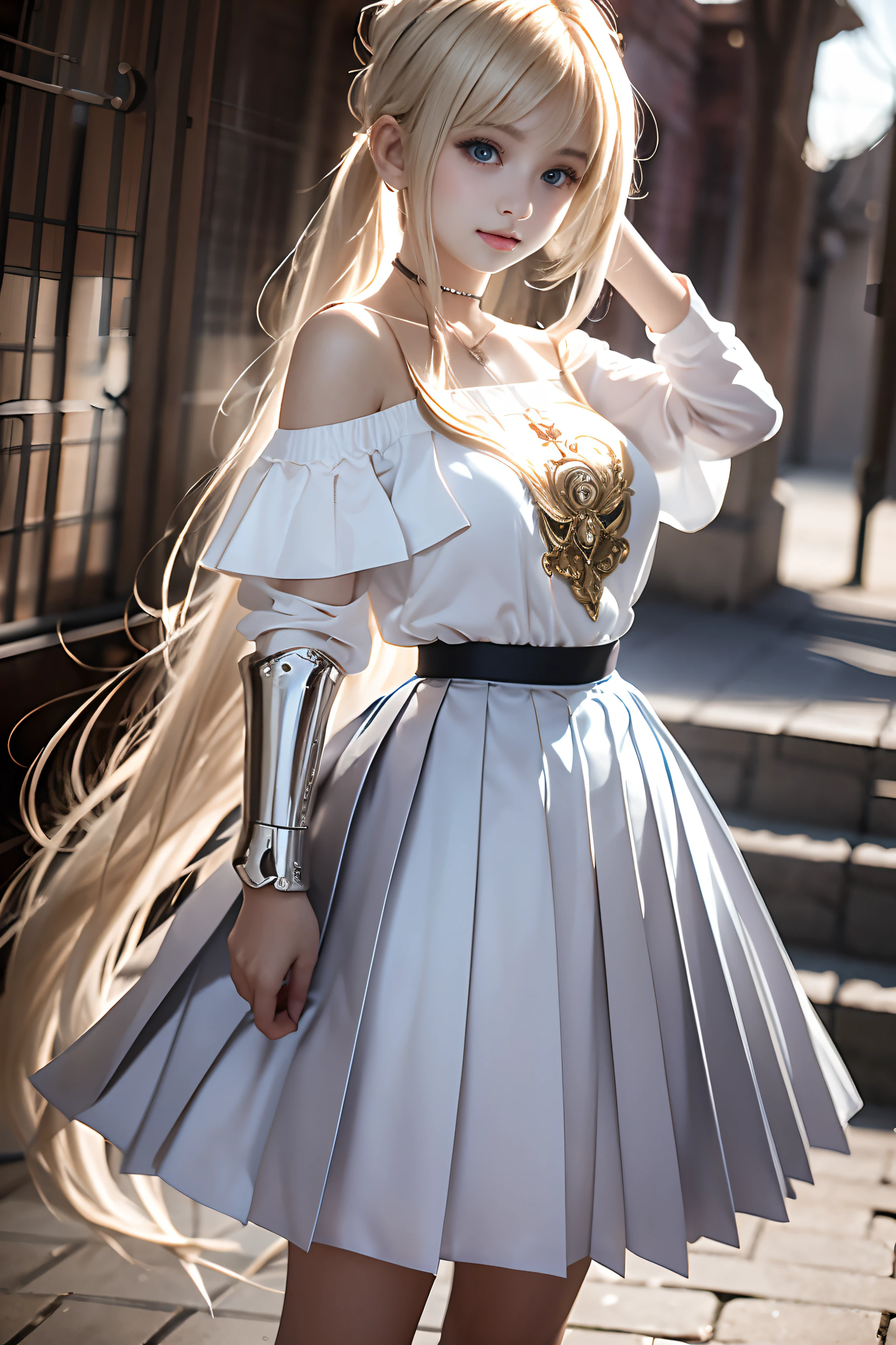bright expression、poneyTail、Young shiny shiny white shiny skin、Best Looks、Blonde reflected light、Platinum blonde hair with dazzling highlights、shiny light hair,、Super long silky straight hair、Beautiful bangs that shine、Glowing crystal clear attractive big blue eyes、Very beautiful nice cute girl、Lush bust,Beautiful detailed eyes, beautiful detailed nose,(( Full body:1.25)),Makeup that the eyes emphasize、((Pleated skirt with many folds)),(Women like Joan of Arc)、s Armor、Knights, With a sword and shield,Royal style,Comic style, , Sub-surface scattering, ornate detail, nature backdrop, Hyper-realistic, Cinematic, Dramatic Lighting, masutepiece、top-quality、超A high resolution、(Photorealsitic:1.4)、1girl in、Off-shoulder white shirt、