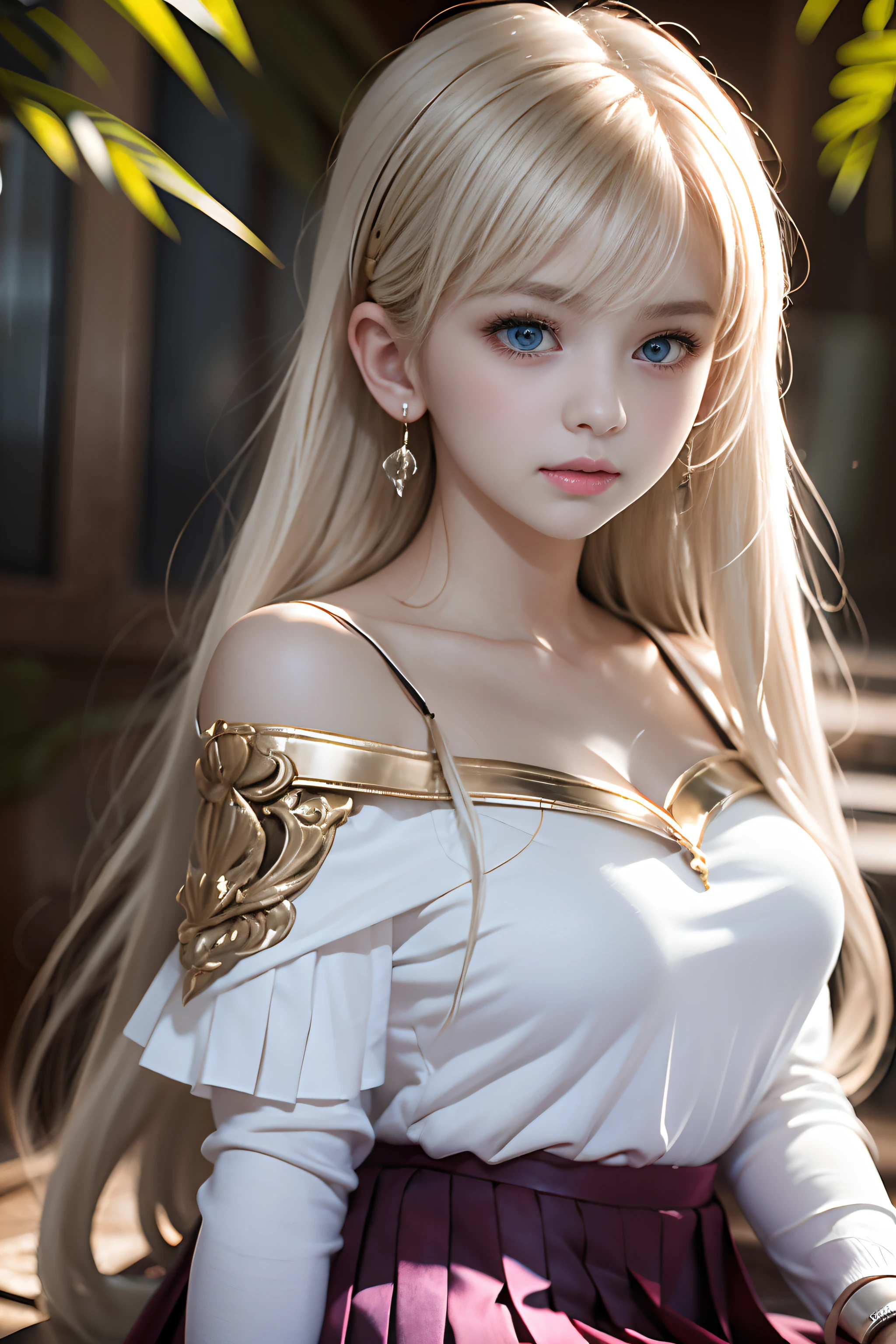 bright expression、young and shiny white shiny skin、Best Looks、Gold reflects light、Platinum blonde hair，Shine brightly、Shiny light hair,、Super long silky straight hair、Beautiful bangs that shine、Big blue eyes that sparkle like crystal clear and charming、Very nice and lovely 16 year old girl、Lush bust,Beautiful detailed eyes, Beautiful detailed nose,(( full bodyesbian:1.5)),Eyes emphasize makeup、,(A woman like Joan of Arc)、Royal style，Comic style, , Sub-surface scattering, ornate detail, nature backdrop, Hyper-realistic, ((Cinematic)), Dramatic lighting, masutepiece、((Off-the-shoulder white shirt dress:1.4))、((Fight on the battlefield))、(Loose and fluffy perm:1.4)、1 girl in、(bob hair)、ultra realistic 8k cg, Picture-perfect face, Flawless, Clean, masutepiece, Professional artwork, famousartwork, Perfect face, Beautiful face, Beautiful eyes, ((Perfect female body)), Solo,(Immersive atmosphere, Chiaroscuro:1.5,Bright light:1.2,luminouslighting),(Blush:0.5),A fascinated expression,Extremely detailed_Eyes,Thick thighs,Large breasts,beautifullydetailedbackground,depth of fields,Realistic:1.3, shot from afar,Sitting, full bodyesbian, (ambient lights:1.3),(Cinematic composition:1.3),(Neon light:0.1),(NFFSW:0.1),emphasis lighting, Pantyhose,