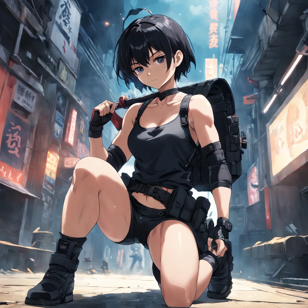 masterpiece、top-quality、(Photorealsitic:1.4)、(One lady、Solo Shot:2)、(extra very short hair:1.9)、(Camouflage shorts&Black tank top:1.4)、(Thigh mounted holster:1.4)、Black boots、(a choker、beret:1.4)、a cold expression、Very dark back alley、(Martial arts genius、The Strongest Warrior、fighting poses:1.4)、(well-muscled:1.4)