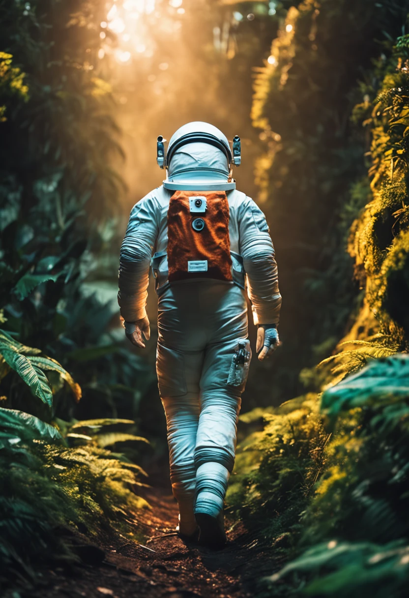 Astronaut walking in the jungle, sony a7r, 50mm lens, morningglow, 8K