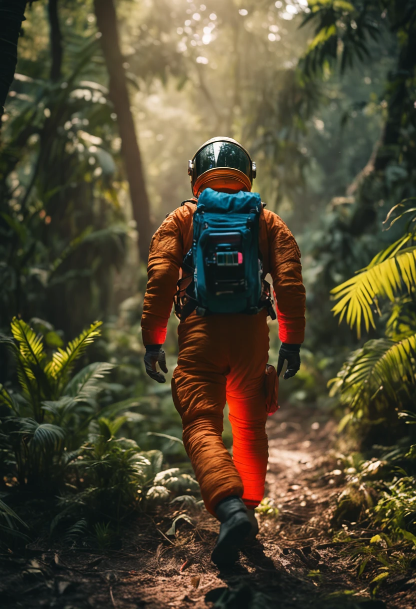 Astronaut walking in the jungle, sony a7r, 50mm lens, morningglow, 8K