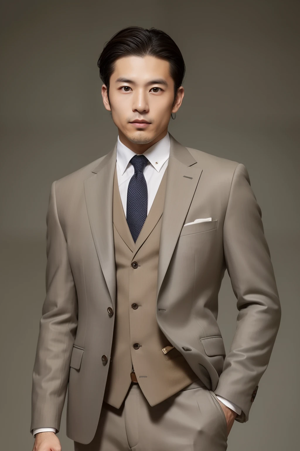 Portrait of 30 year old Japan man in traditional business style、For autumn-winter。Ralph Lauren's tailored grey tweed suit、crisp white shirt、Silk tie、Wear brown leather derby shoes。The look is polished、、Sophisticated。Traditional Business Hairstyles、With a strong hold and a style that flows smoothly to the depths、Gives a sophisticated look。