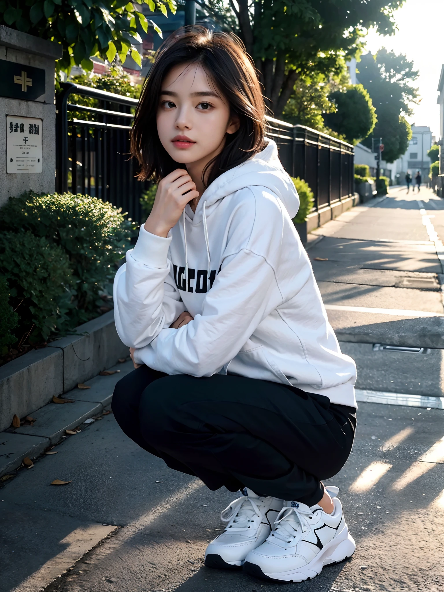((smallunderboob,Tomboyish,small heads)), (Well-defined abs: 1.1), (perfect bodies: 1.1), (short-length straighthair: 1.2), Black hair, fully body photo, Wear a white vest，（Thin white transparent hooded sunscreen sweatshirt：1.1），（Purple-gray yoga pants：1.1），White sneakers，（极其细致的CG 8k壁纸），（Extremely refined and beautiful），（tmasterpiece），（best qualtiy：1.0），（超A high resolution：1.0），beautiful light up，Perfect lightning，realistic shaded，[A high resolution]，Delicate skin，ultra - detailed ，Crowded，dense with greenery，At the school gate，Dusk light，Squat，Cup of coffee in hand