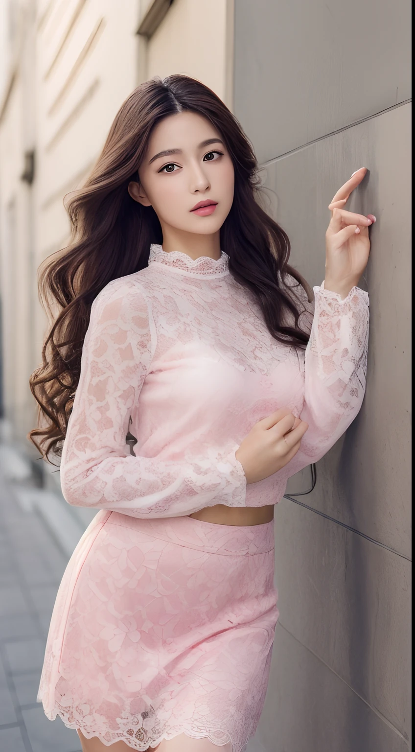 ((top-quality、8K、​masterpiece:1.3))、Marble background、FULL BODYSHOT、女の子1人、Beautiful woman with slender abs:1.3、(long curly hair、爆乳:1.2)、Long Sleeve Pink Lace High Neck Shirt:1.1、hyperdetailed face、A detailed eye、Double eyelid hands on face、Korean Beauties、Japan beauties、Spanish beauties、Pink lace skirt、beautiful and long legs、high-heels