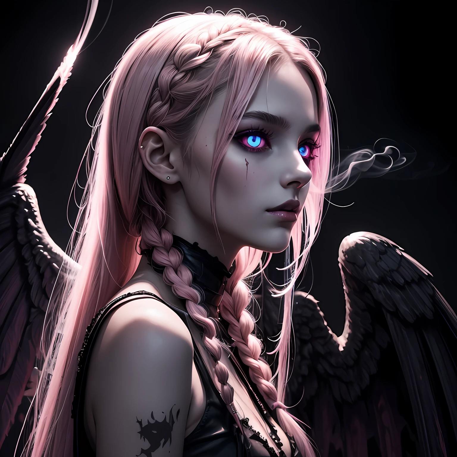 dark, unholy, evil, astral, creepy style, undead, rotting skin, mystical, nice perfect face with soft skin, young beautiful girl portrait on a tall buuilding, smoke, mist, night, long braided hair, wings, glowing pink eyes, from side, light pink glow, void